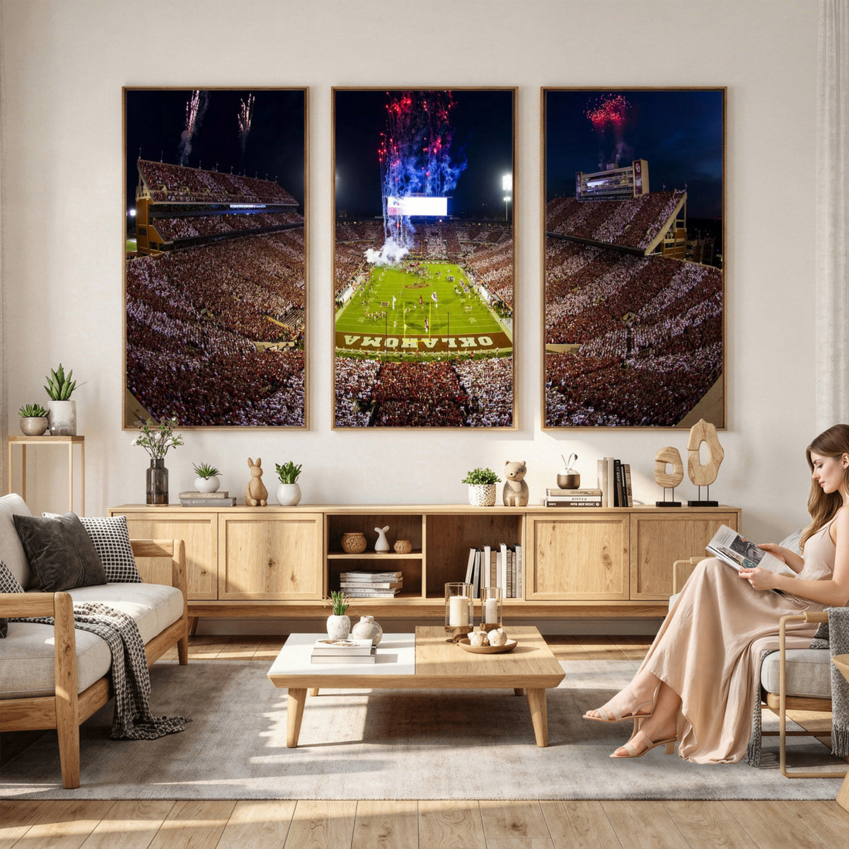 43197777-MGV-CV-36X24 - Oklahoma Memorial Stadium Wall Art Canvas Print – Oklahoma Sooners Football Artwork for Home, Office, and Sports Room Decor