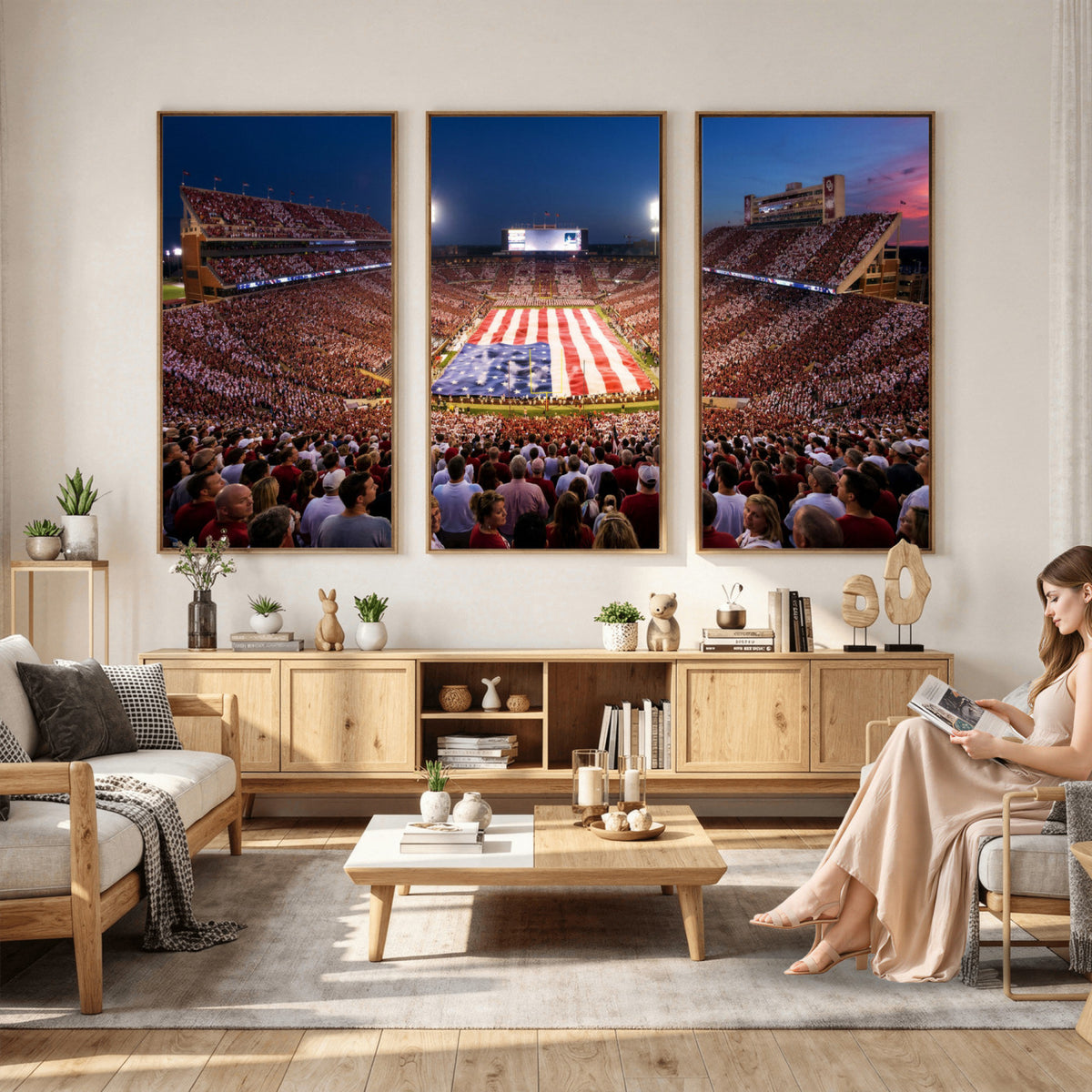 59917418-MGV-CV-36X24 - Oklahoma Memorial Stadium Wall Art Canvas Print – Oklahoma Sooners Football Artwork for Home, Office, and Sports Room Decor