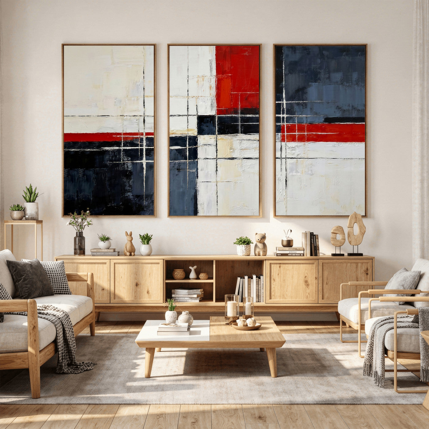 44088165-MGV-CV-36X24 - Navy Red Abstract Wall Art Canvas Print, Modern Luxury Geometric Painting Wall Decor for Living Room and Office