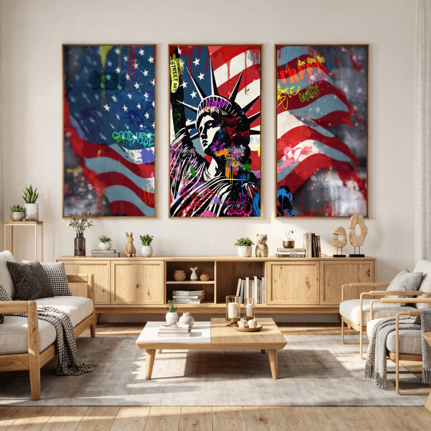32151941-MGV-CV-36X24 - USA Statue of Liberty Graffiti Street Art Wall Art Canvas Print, American Flag Urban Pop Art Canvas Print, Modern Patriotic Street Art Contemporary Art Printing