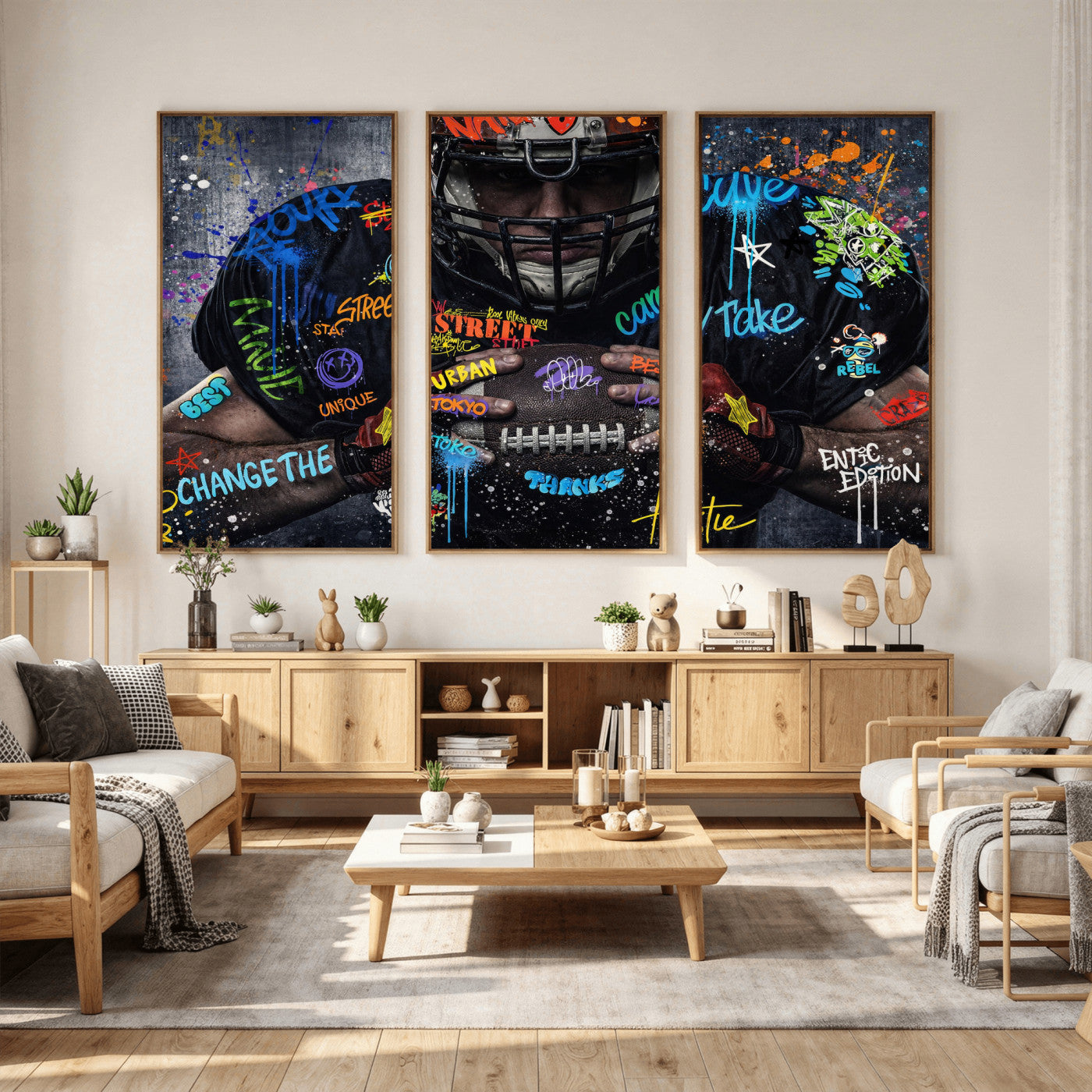 55267256-MGV-CV-36X24 - Graffiti American Football Player Street Art Wall Art Canvas Print, Urban Sports Pop Art Football Canvas Print, Modern Athletic Graffiti Contemporary Art Printing
