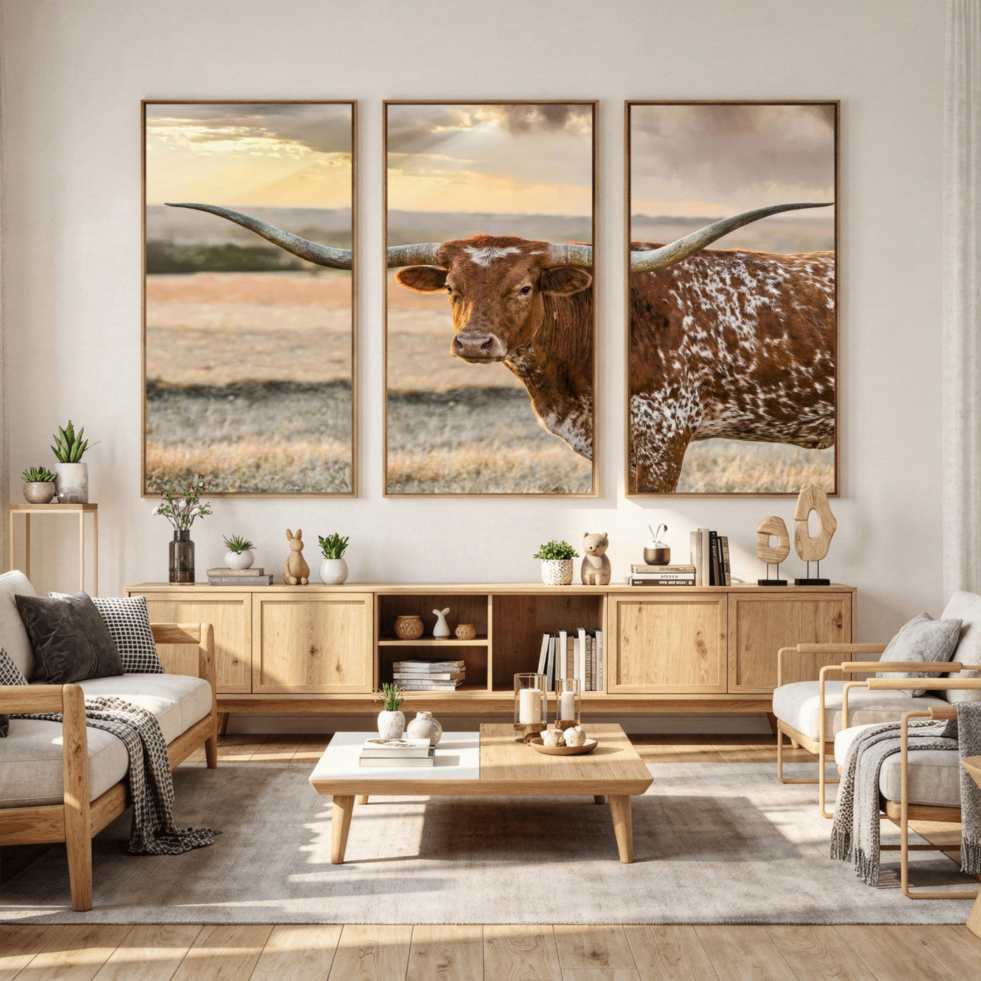 16502384-MGV-CV-36X24 - Texas Longhorn Wall Art Canvas Print, Western Ranch Bull Photography Canvas Print, Rustic Farmhouse Cattle Artwork for Living Room Decor