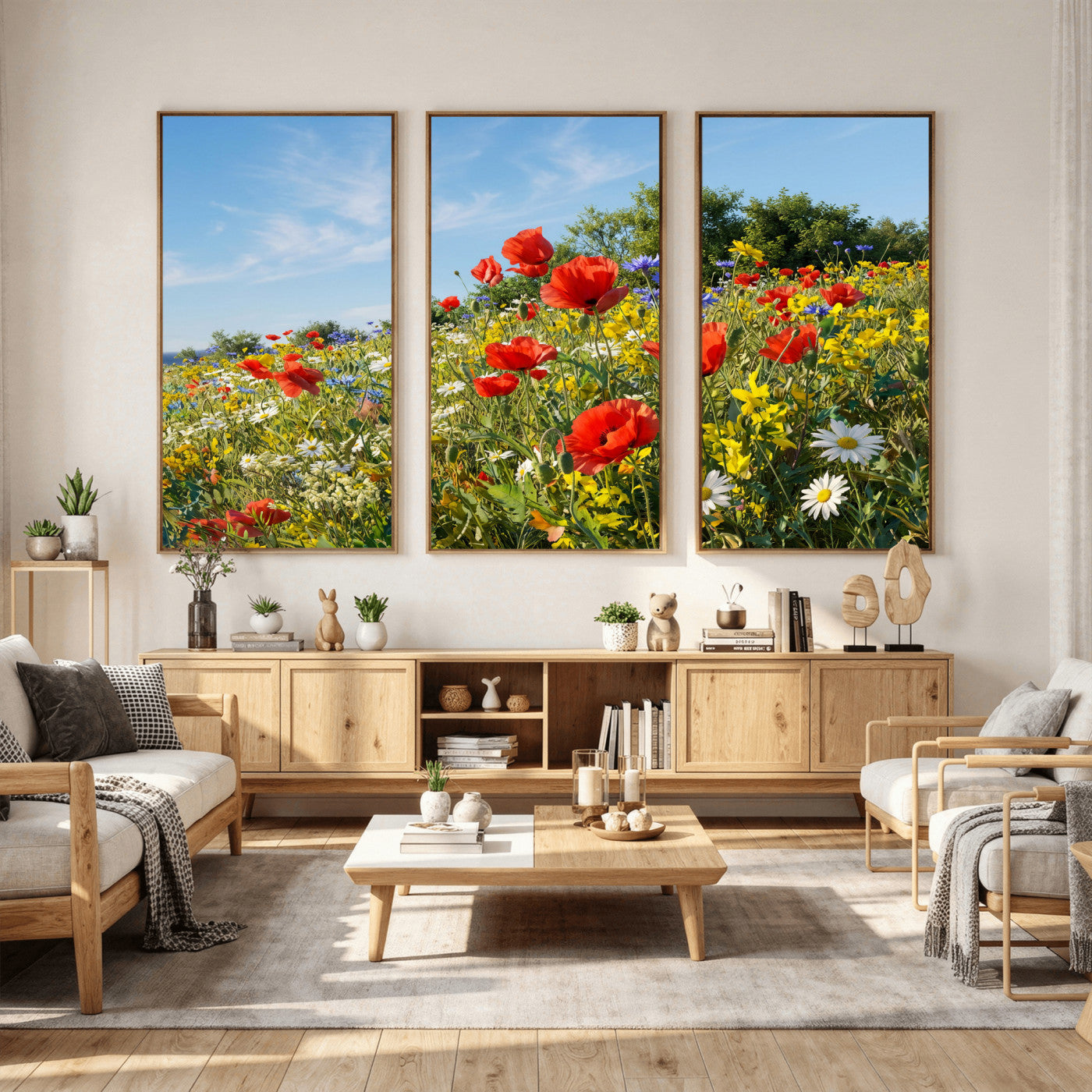 38570784-MGV-CV-36X24 - Wildflower Meadow Wall Art Canvas Print – Colorful Poppy and Daisy Field Landscape Artwork for Living Room Decor