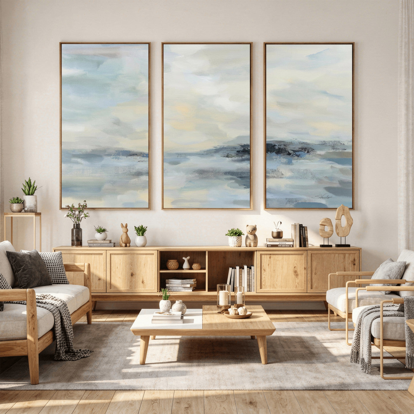 24647355-MGV-CV-36X24 - Abstract Coastal Landscape Wall Art Canvas Print – Soft Blue Gray Minimalist Painting