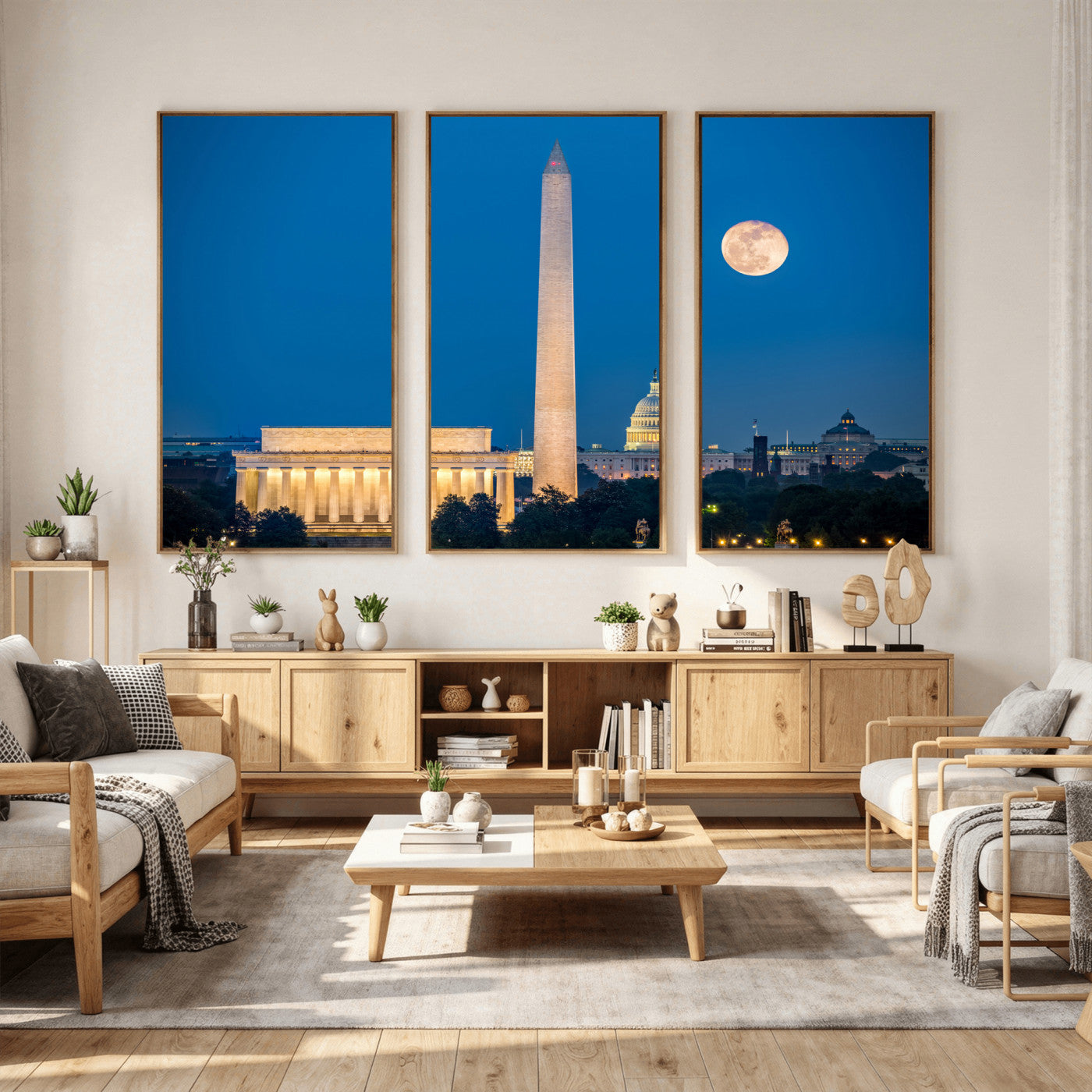 96712946-MGV-CV-36X24 - Washington DC Skyline Wall Art Canvas Print – Lincoln Memorial, Washington Monument and US Capitol Night Cityscape Artwork