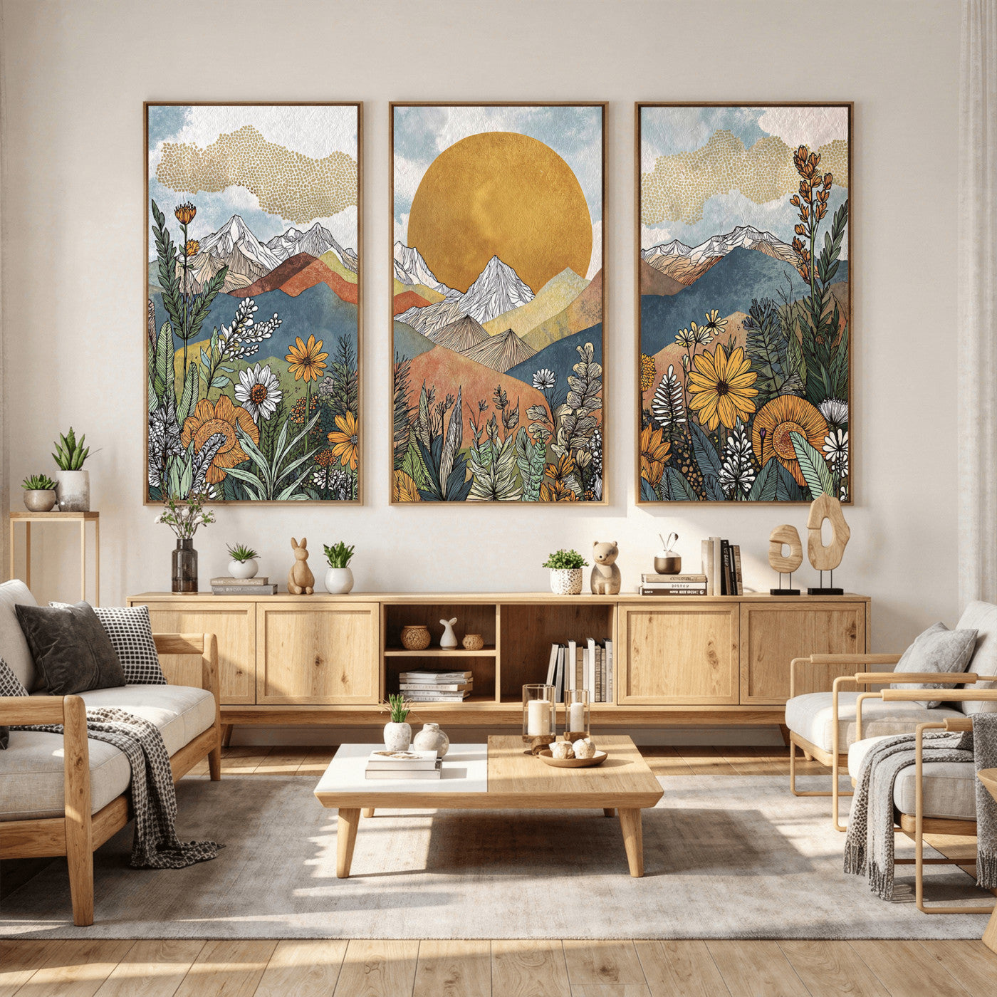 17540863-MGV-CV-36X24 - Boho Mountain Landscape Large Wall Art, Horizontal Gold Framed Canvas Print with Sun and Flowers