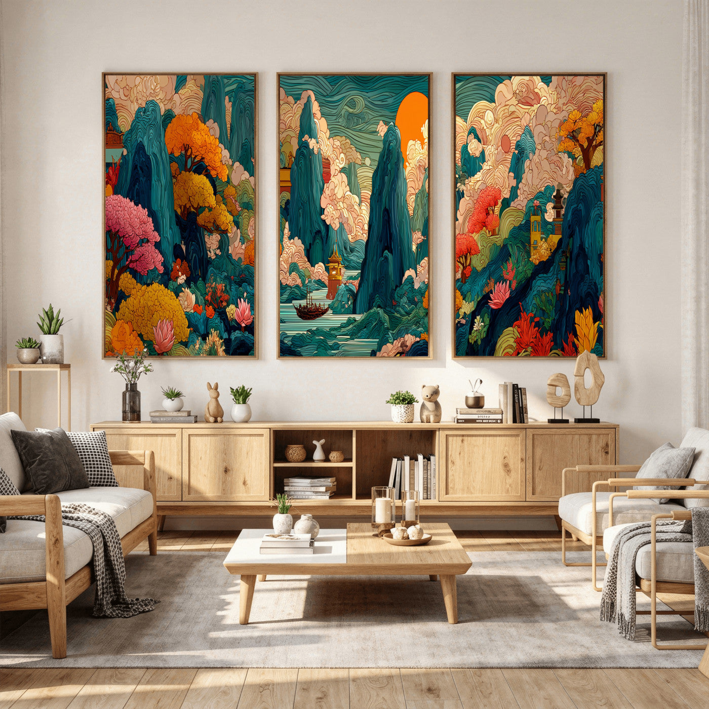 90422518-MGV-CV-48X32-3P - Colorful Japanese Landscape Print: Maximalist Panoramic Wall Art