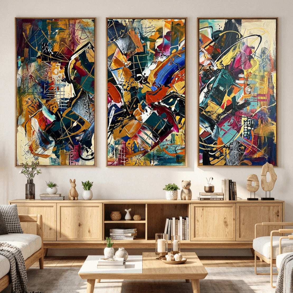 15525527-MGV-CV-36X24 - Geometric Abstract Wall Art Canvas Print, Orange Blue Abstract Expressionist Painting Print, Modern Geometric Abstract Canvas Art