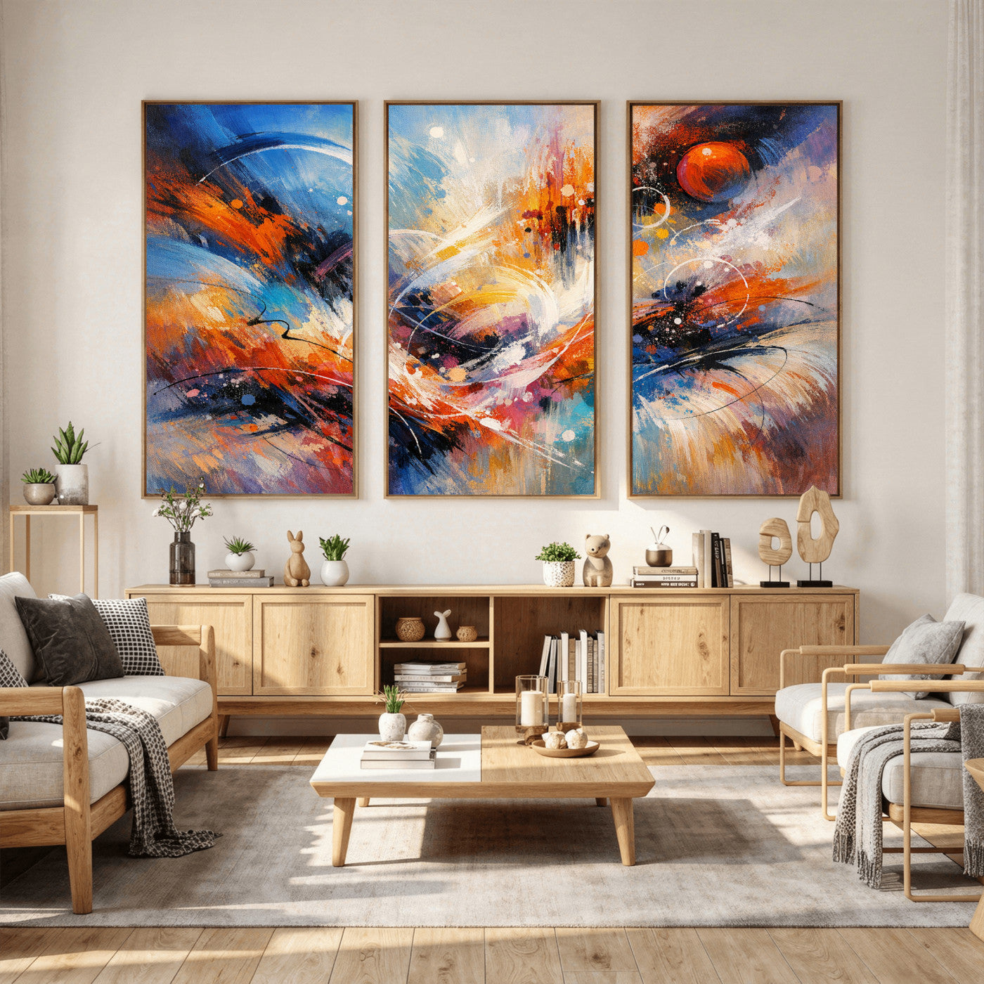 47770355-MGV-CV-36X24 - Geometric Abstract Wall Art Canvas Print, Orange Blue Abstract Expressionist Painting Print, Modern Geometric Abstract Canvas Art