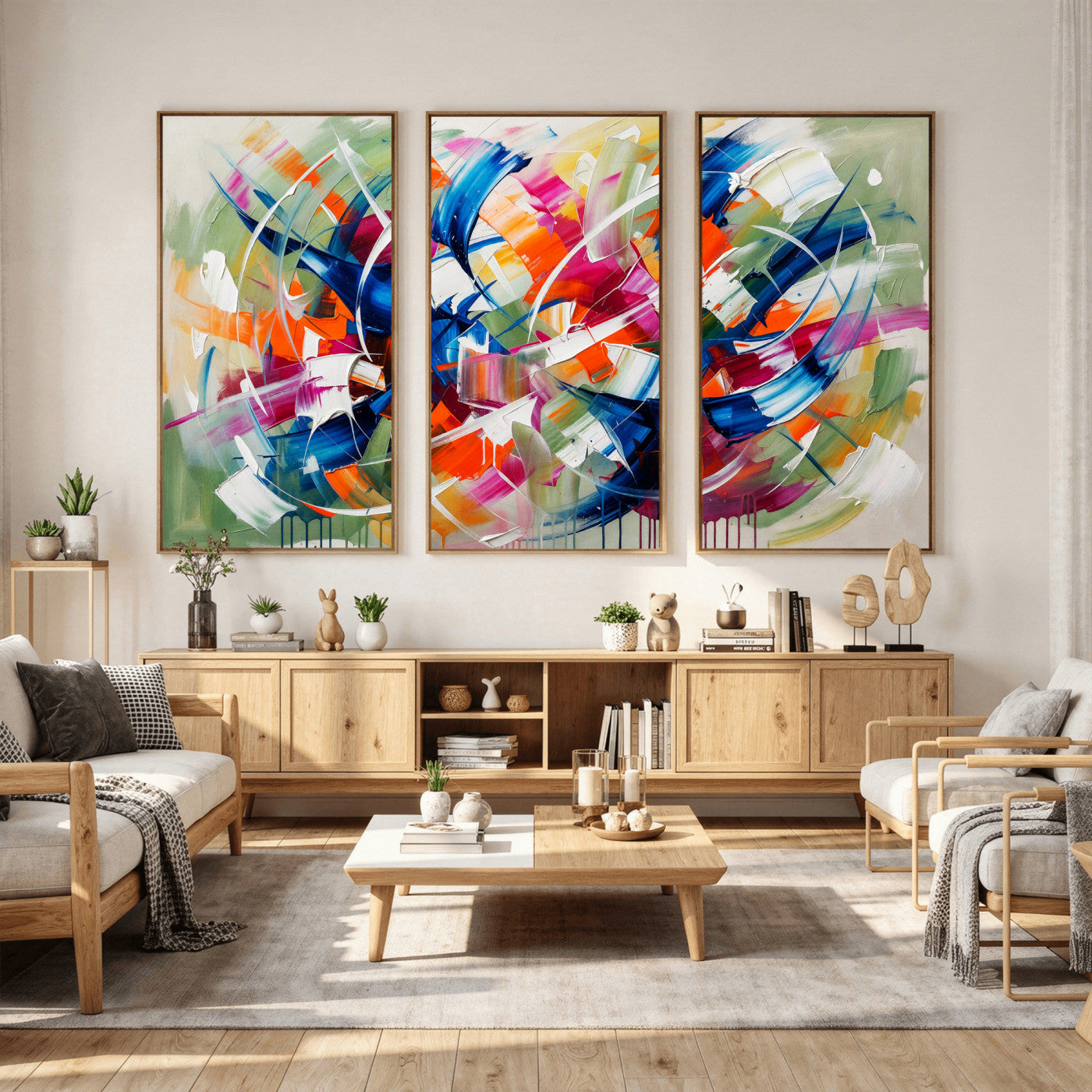 15032888-MGV-CV-36X24 - Geometric Abstract Wall Art Canvas Print, Orange Blue Abstract Expressionist Painting Print, Modern Geometric Abstract Canvas Art