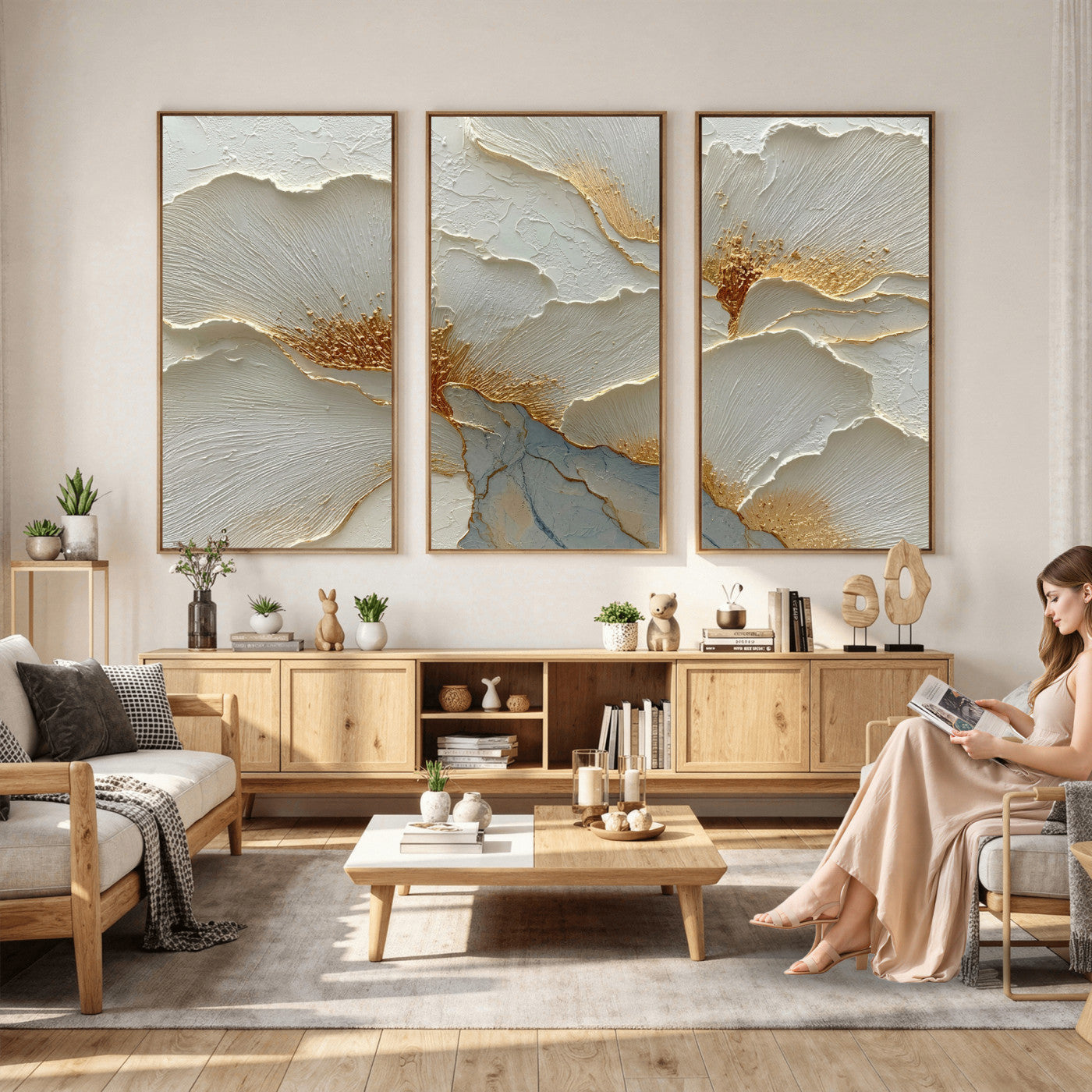 4712069F1-MGV-CV-36X24 - White Gold Floral Canvas Wall Art — Textured Flower Print | Luxury Botanical Decor | Elegant Bedroom Art | Gold Leaf Wall Art Gift