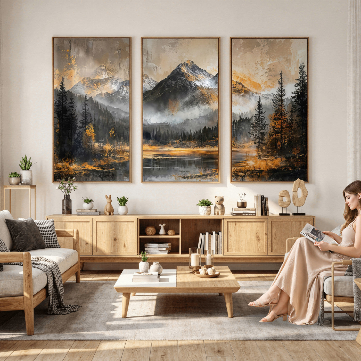 4712069D1-MGV-CV-36X24 - Mountain Lake Canvas Wall Art — Rustic Forest Landscape Print | Gold Grey Nature Decor | Cabin Wall Art | Large Wilderness Art Print Gift