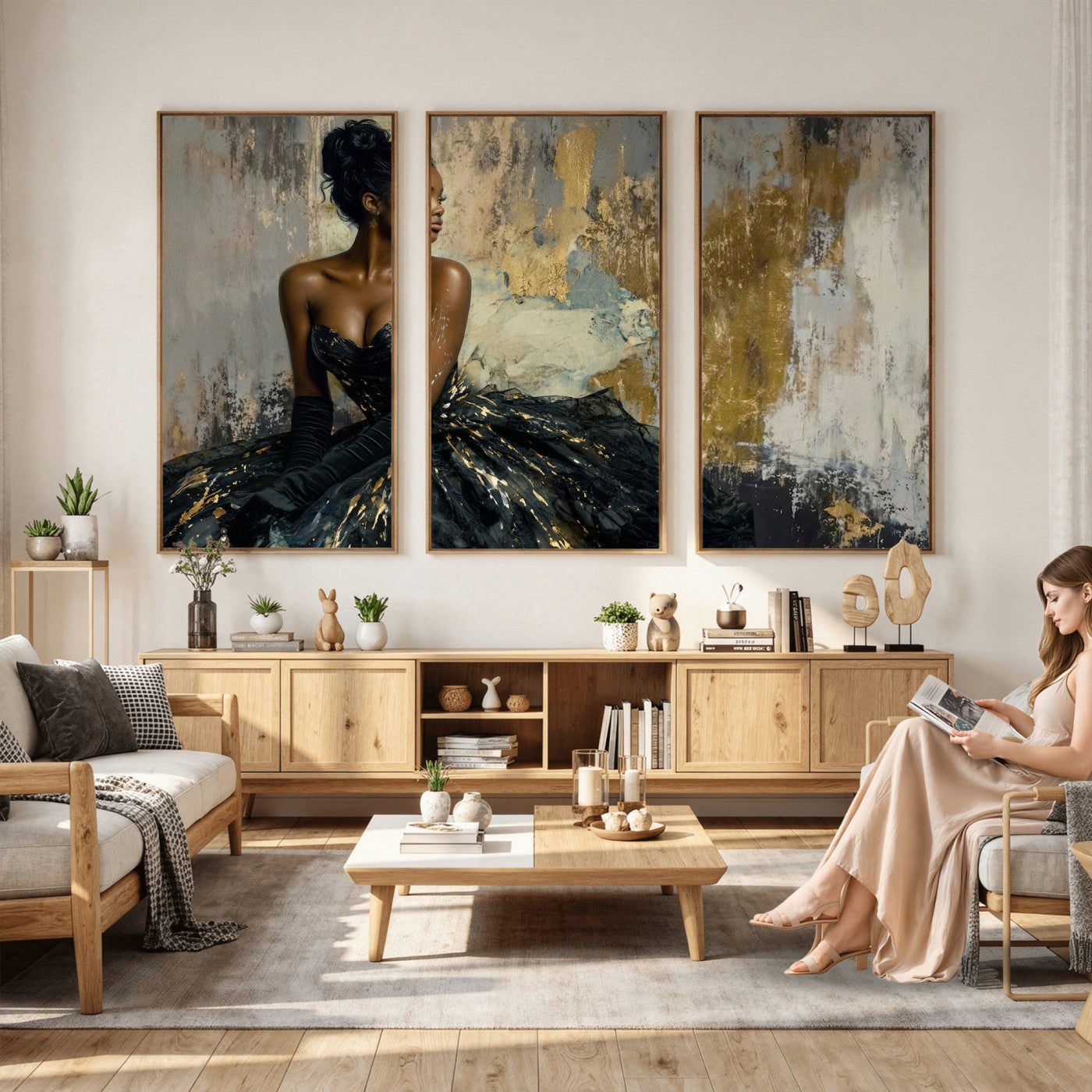 4712069Z1-MGV-CV-36X24 - Elegant Woman Canvas Wall Art — Black Gold Gown Fashion Print | Luxury Glam Wall Decor | African American Art | Bold Bedroom Wall Art Gift