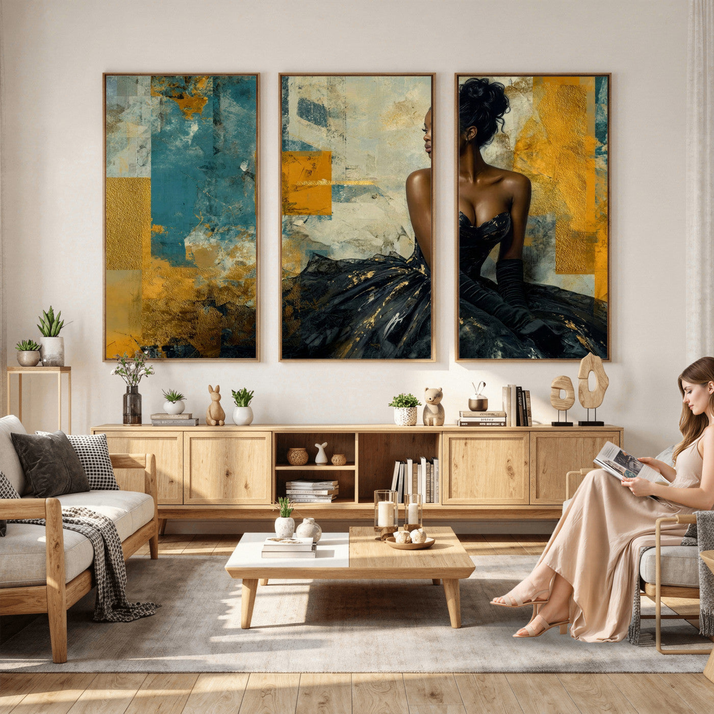 4712069Z21-MGV-CV-36X24 - Elegant Woman Canvas Wall Art — Black Gold Gown Fashion Print | Luxury Glam Wall Decor | African American Art | Bold Bedroom Wall Art Gift