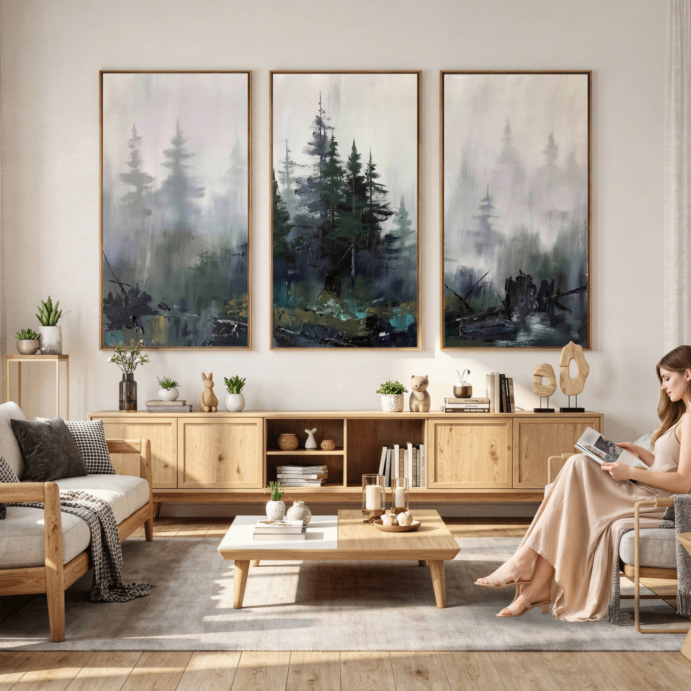 94143325-MGV-CV-36X24 - Misty Pine Forest Oil Painting Canvas — Dark Moody Teal Grey Tree Print | Japandi Scandinavian Wall Art | Minimalist Nature Decor Gift