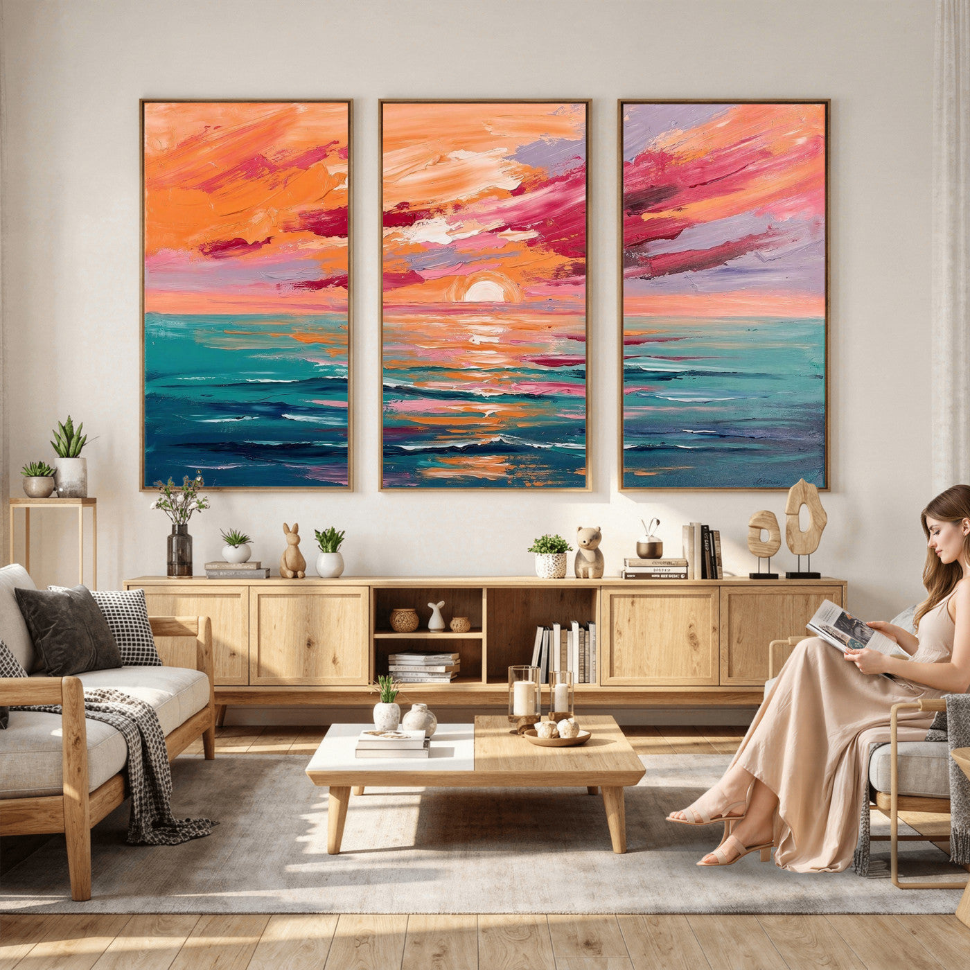 26763902-MGV-CV-36X24 - Bold Palette Knife Ocean Sunset Canvas — Orange Pink Teal Expressionist Sea Print | Colorful Coastal Wall Art | Vibrant Beach Decor Gift