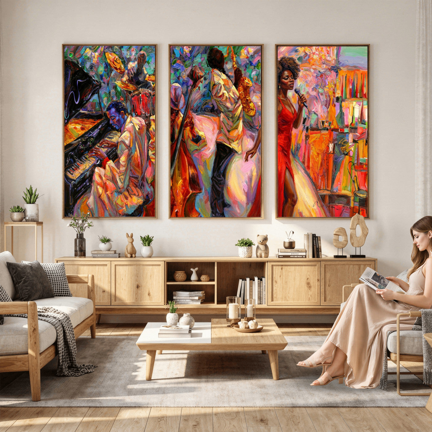 72615137-MGV-CV-36X24 - African American Jazz Singer Canvas Art - Red Dress Black Woman Music Print | Colorful Jazz Band Wall Decor | Living Room Gift for Her