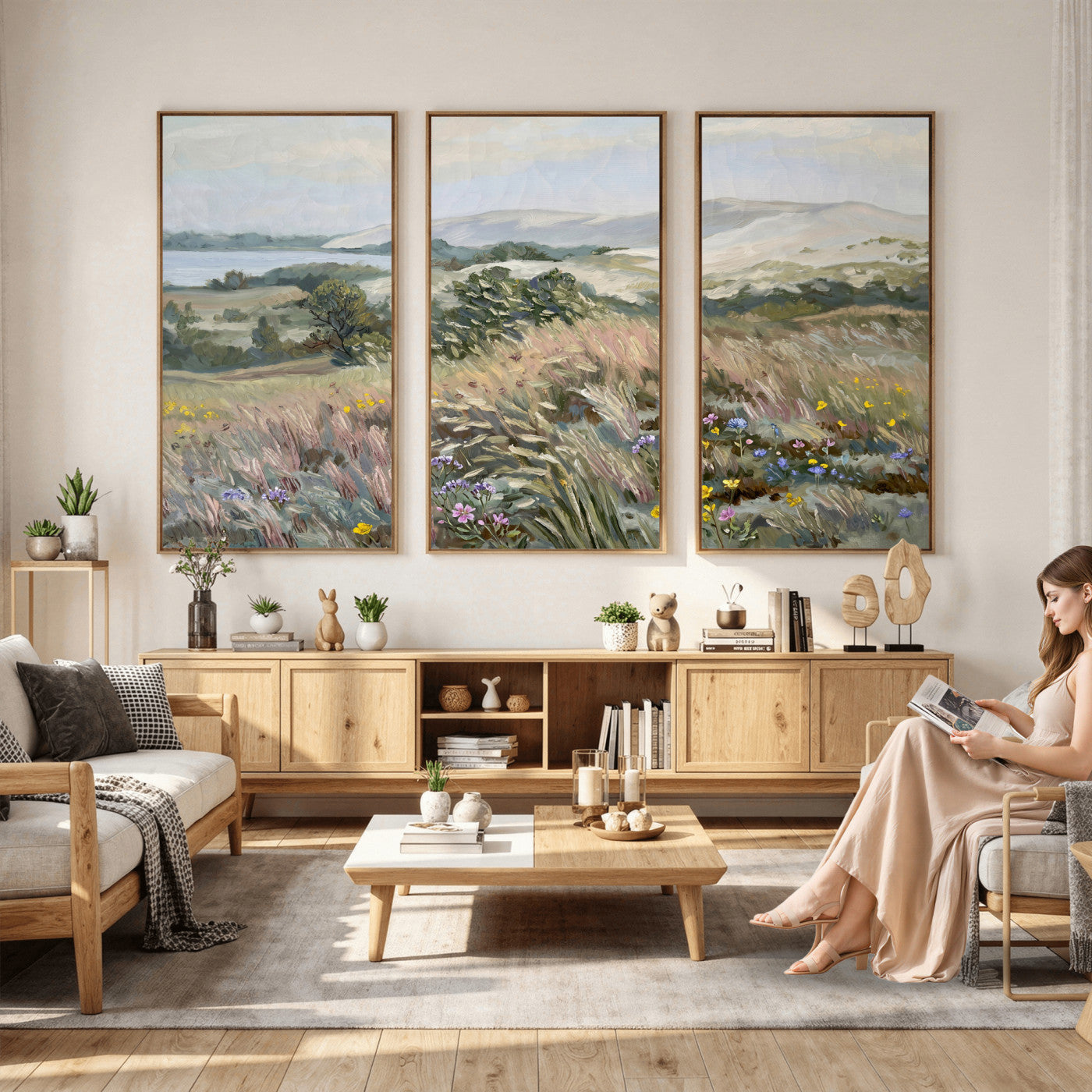 18013232-MGV-CV-36X24 - Katie Staples Hillside Canvas Wall Art — Coastal Wildflower Dune Oil Painting Print | Muted Green Nature Decor | Plein Air Landscape Gift