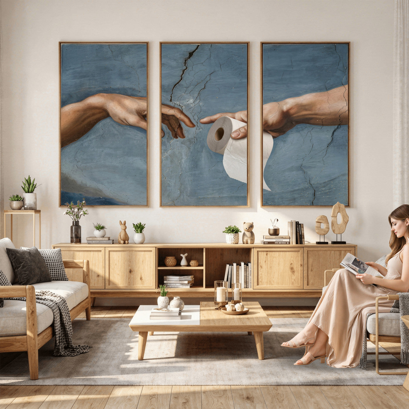 42648143-MGV-CV-36X24 - Funny Bathroom Canvas Wall Art, Michelangelo Creation of Adam Toilet Paper Parody, Renaissance Humor Print, Quirky Housewarming Gift, Toilet Room Decor