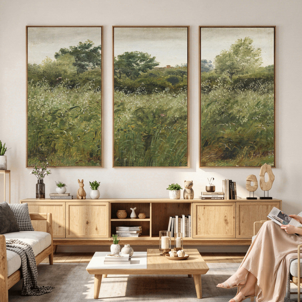 92328261-MGV-CV-36X24 - Wildflower Meadow Canvas Wall Art, Impressionist Overgrown Field Painting Print, Vintage Green Nature Decor, Cottagecore Botanical Art, Living Room Print