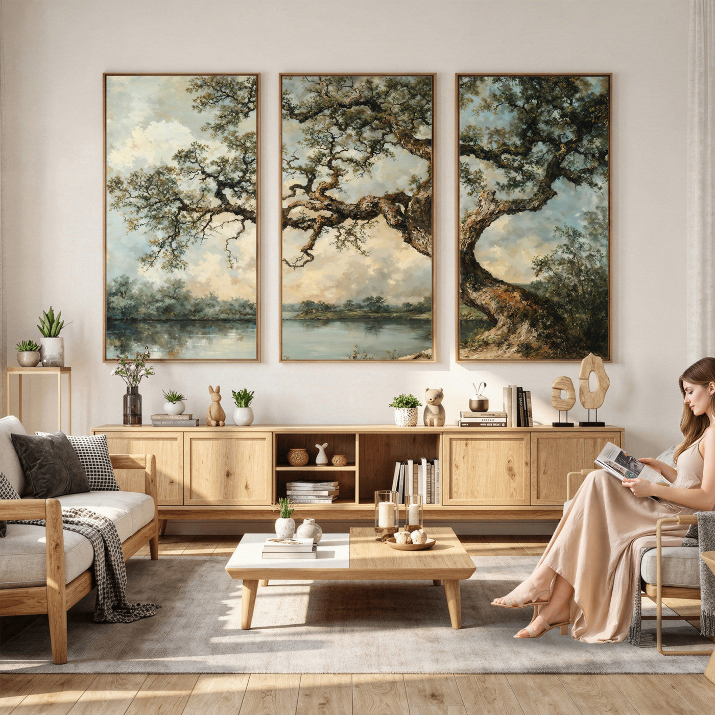 63857726-MGV-CV-36X24 - Old Oak Tree Canvas Wall Art, Turner Inspired Romantic Landscape Print, Vintage Nature Painting, Living Room Wall Decor, Antique Style Tree Art