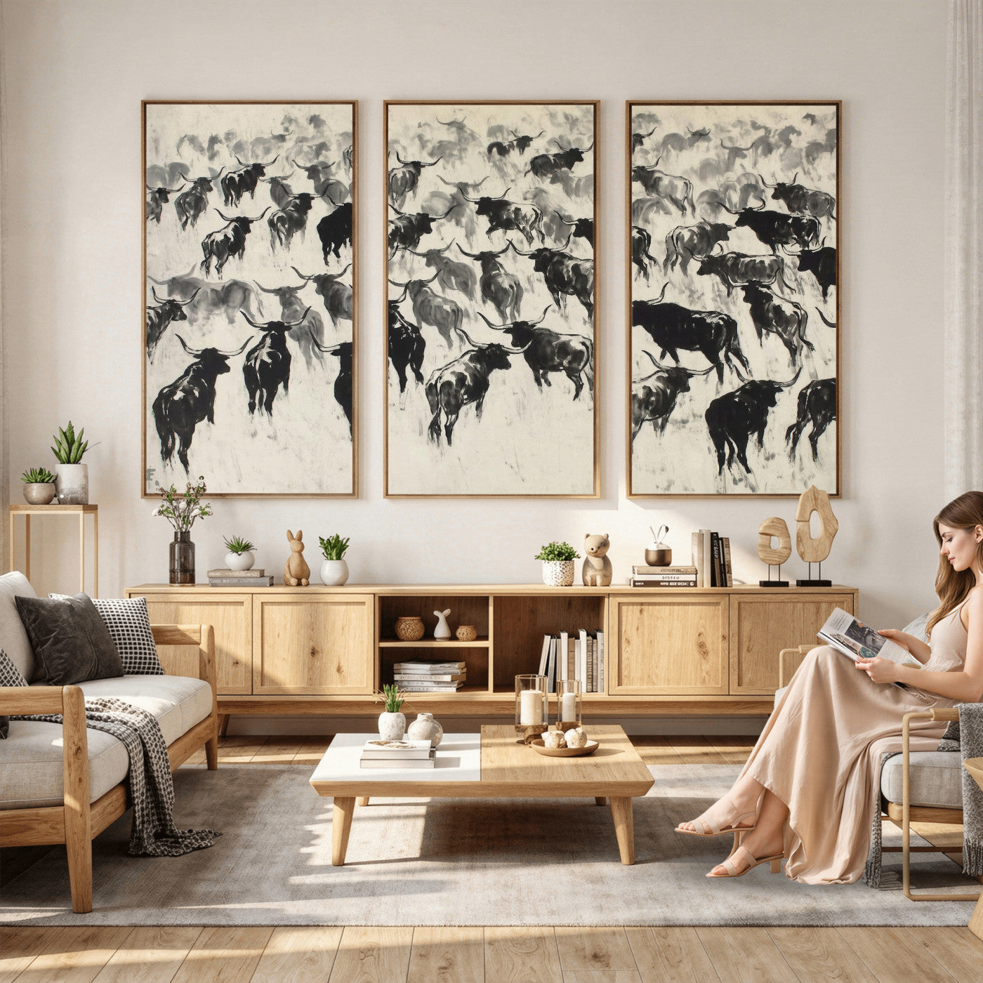 68669792-MGV-CV-36X24 - Longhorn Cattle Canvas Wall Art, Black White Stampede Ink Painting Print, Western Farmhouse Decor, Bull Herd Art, Large Living Room Wall Art, Ranch Home Decor