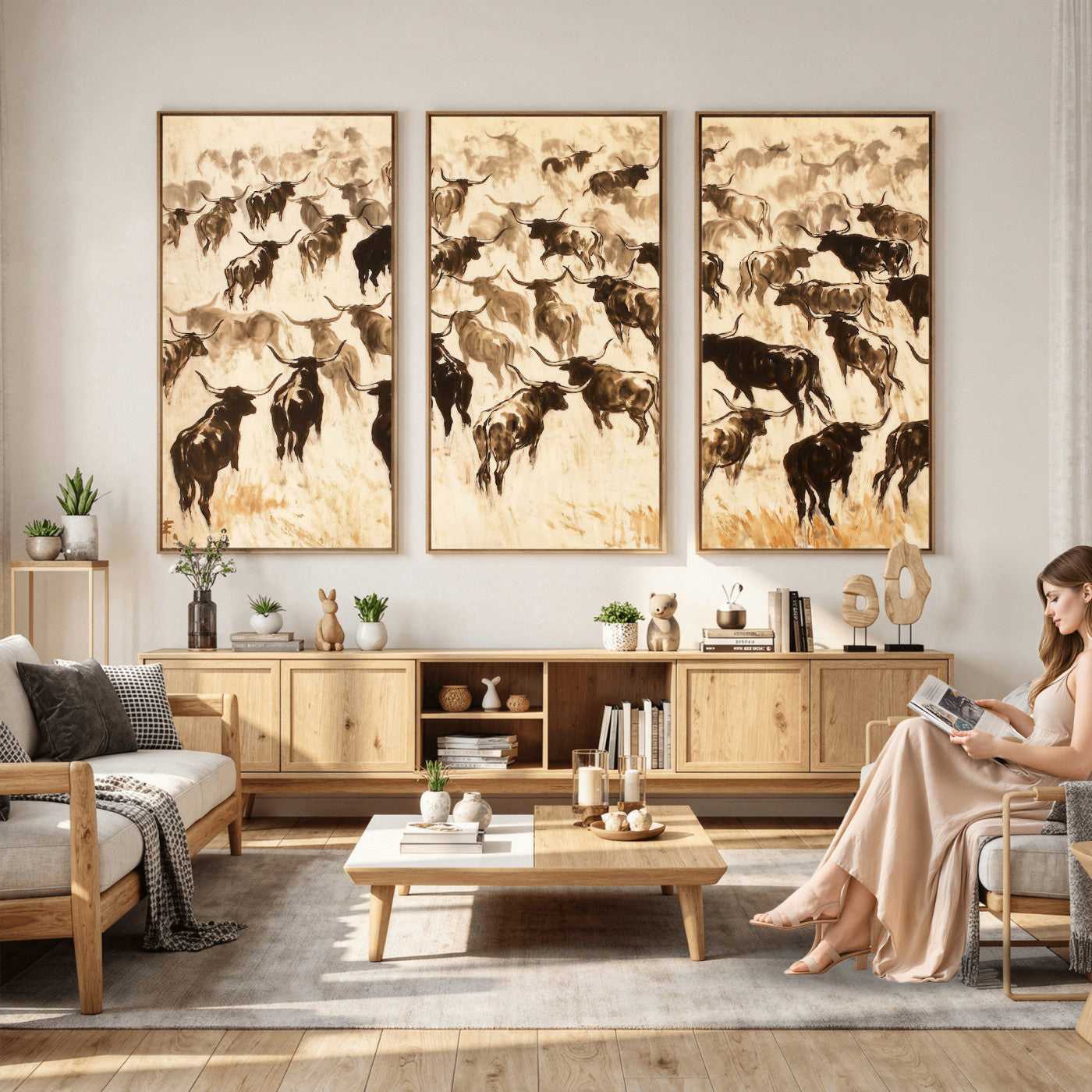 39077774-MGV-CV-36X24 - Texas Longhorn Sepia Canvas Wall Art, Western Cattle Stampede Painting Print, Warm Amber Ranch Decor, Rustic Cowboy Home Art, Large Living Room Decor