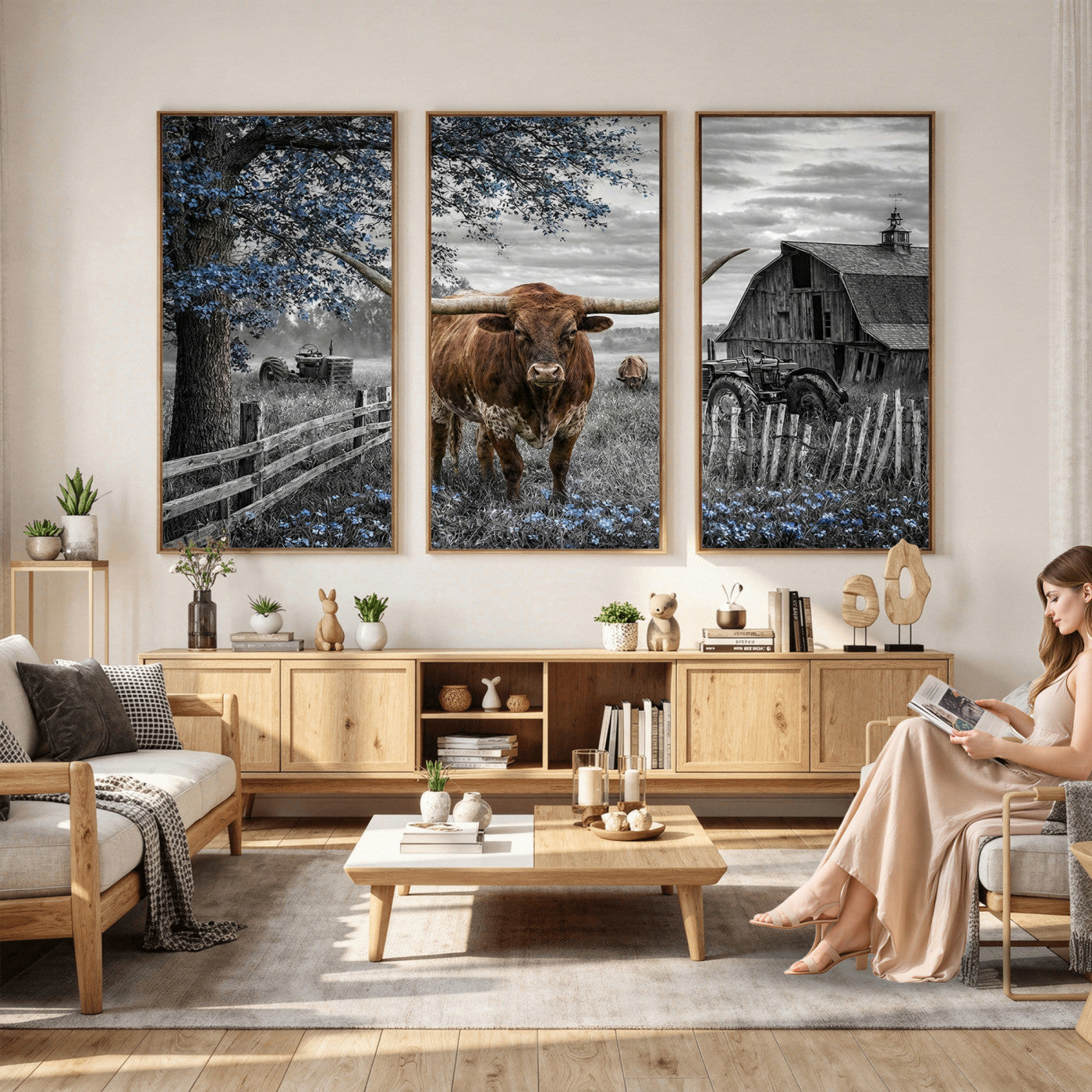 19366343-MGV-CV-36X24 - Texas Longhorn Canvas Wall Art, Rustic Farm Barn Bluebonnet Photography Print, Farmhouse Country Decor, Western Ranch Art, Old Truck Tractor Print