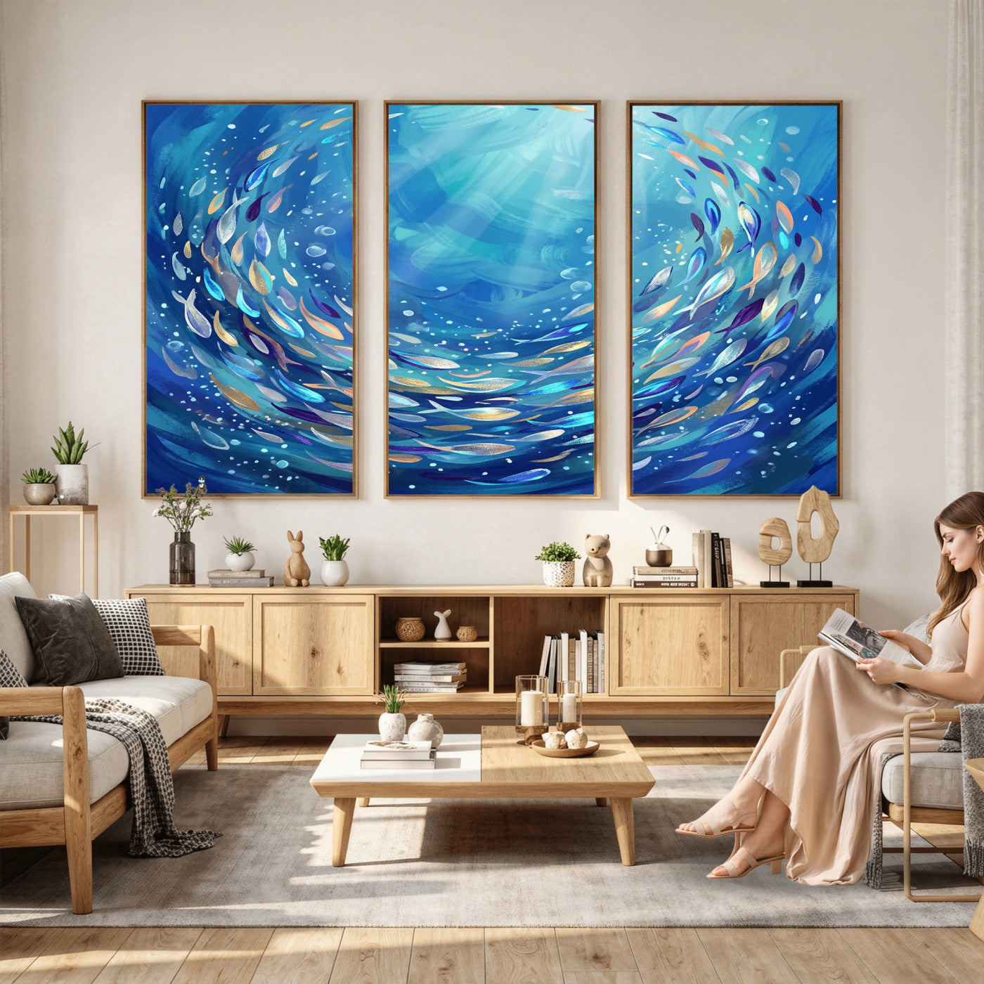78699899-MGV-CV-36X24 - School of Fish Canvas Print | Blue Ocean Underwater Wall Art | Swirling Fish Shoal Illustration | Marine Navy Coastal Decor