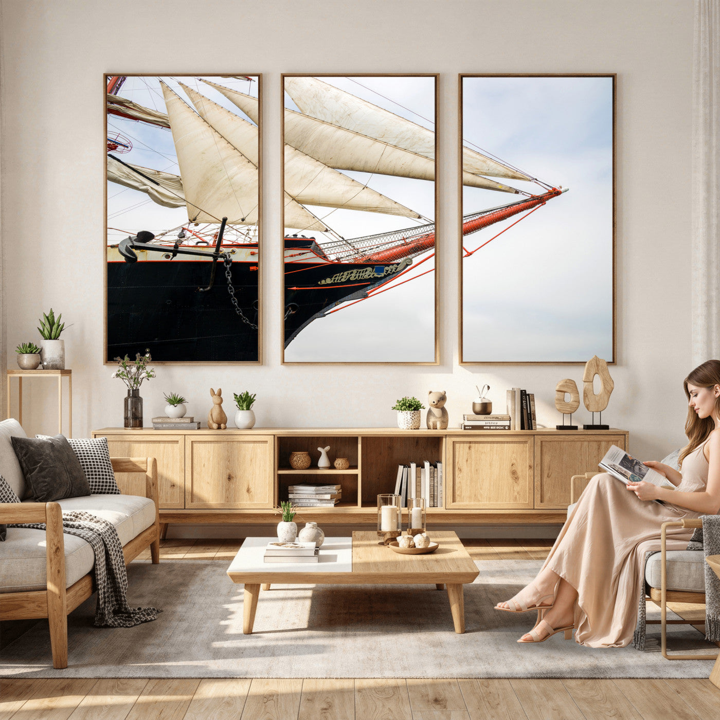 64830036-MGV-CV-36X24 - Sailboat Wall Art Canvas Print, Vintage Ship Bow Framed Artwork, Nautical Sailing Decor for Living Room Office Beach House