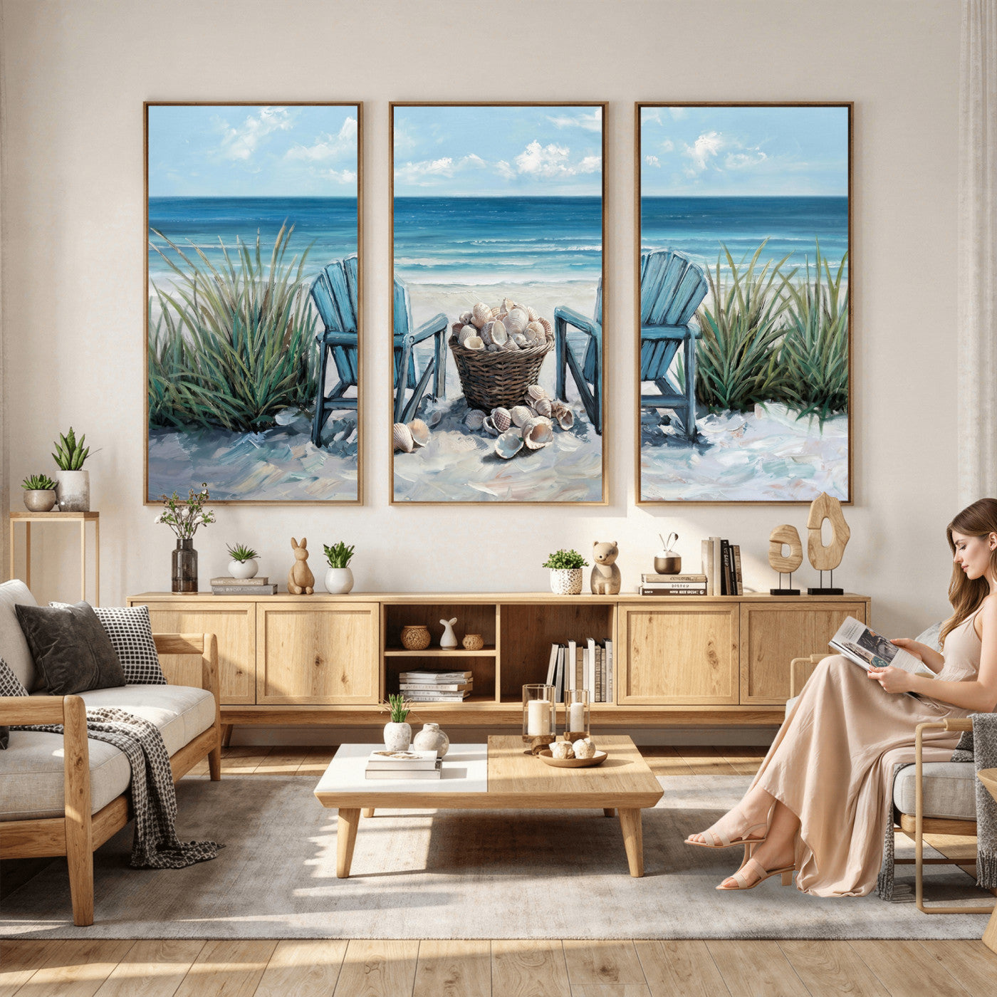 11973028-MGV-CV-36X24 - Beach Canvas Wall Art Coastal Adirondack Chairs Ocean Seashells Blue Nautical Framed Large for Living Room Bedroom Bathroom Decor