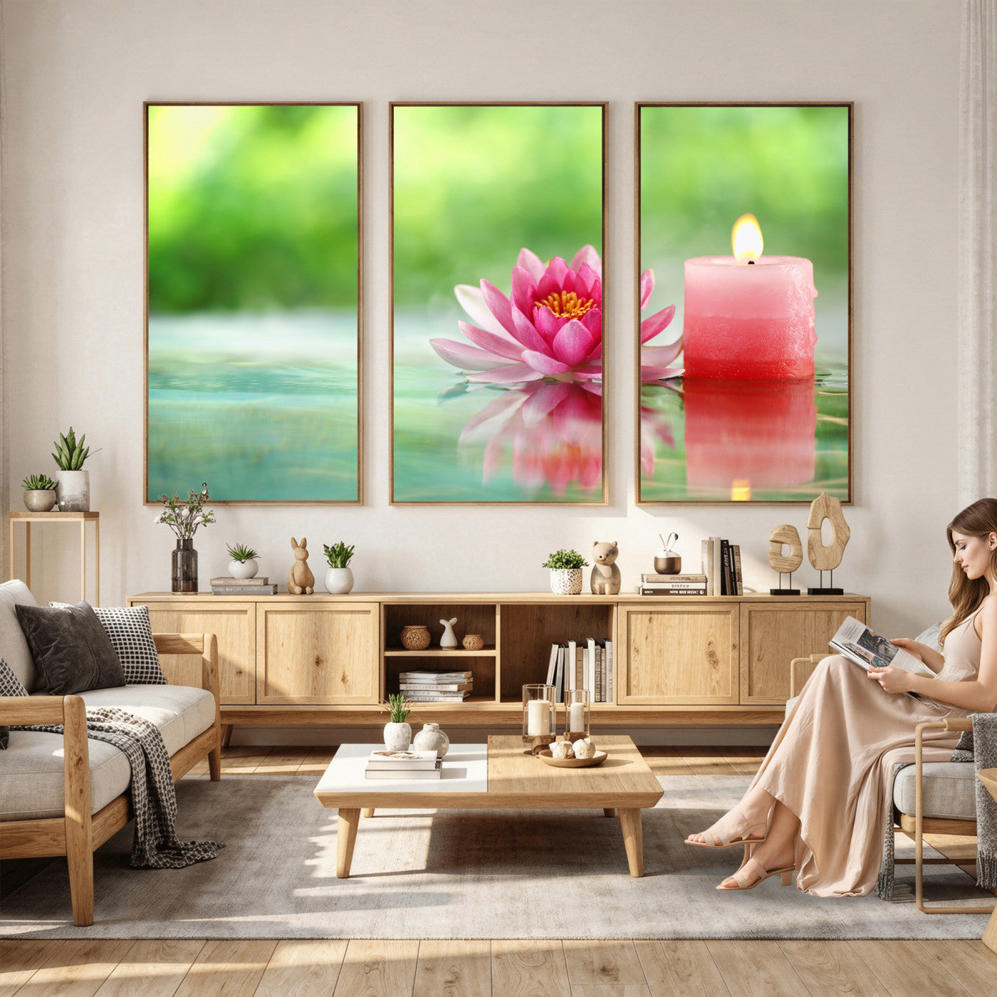 17661715-MGV-CV-36X24 - Zen Lotus Candle Canvas Wall Art Pink Spa Meditation Relaxation Green Bokeh Framed Large for Bathroom Bedroom Living Room Office Decor