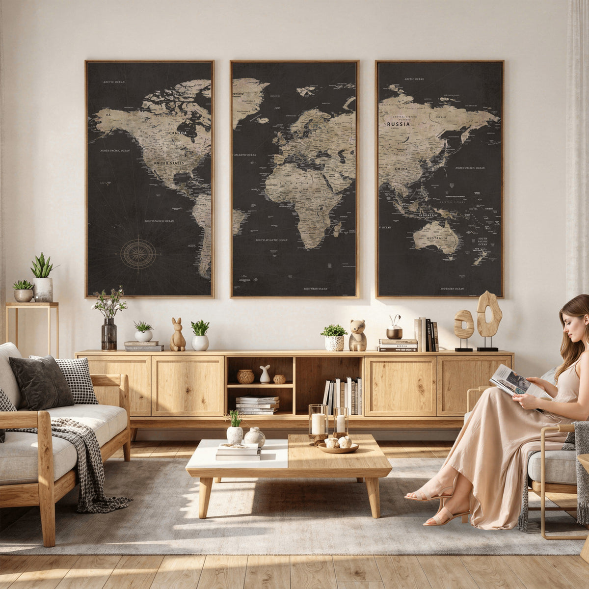 56556018136-MGV-CV-36X24 - World Map Canvas Wall Art Dark Charcoal Antique Tan Detailed