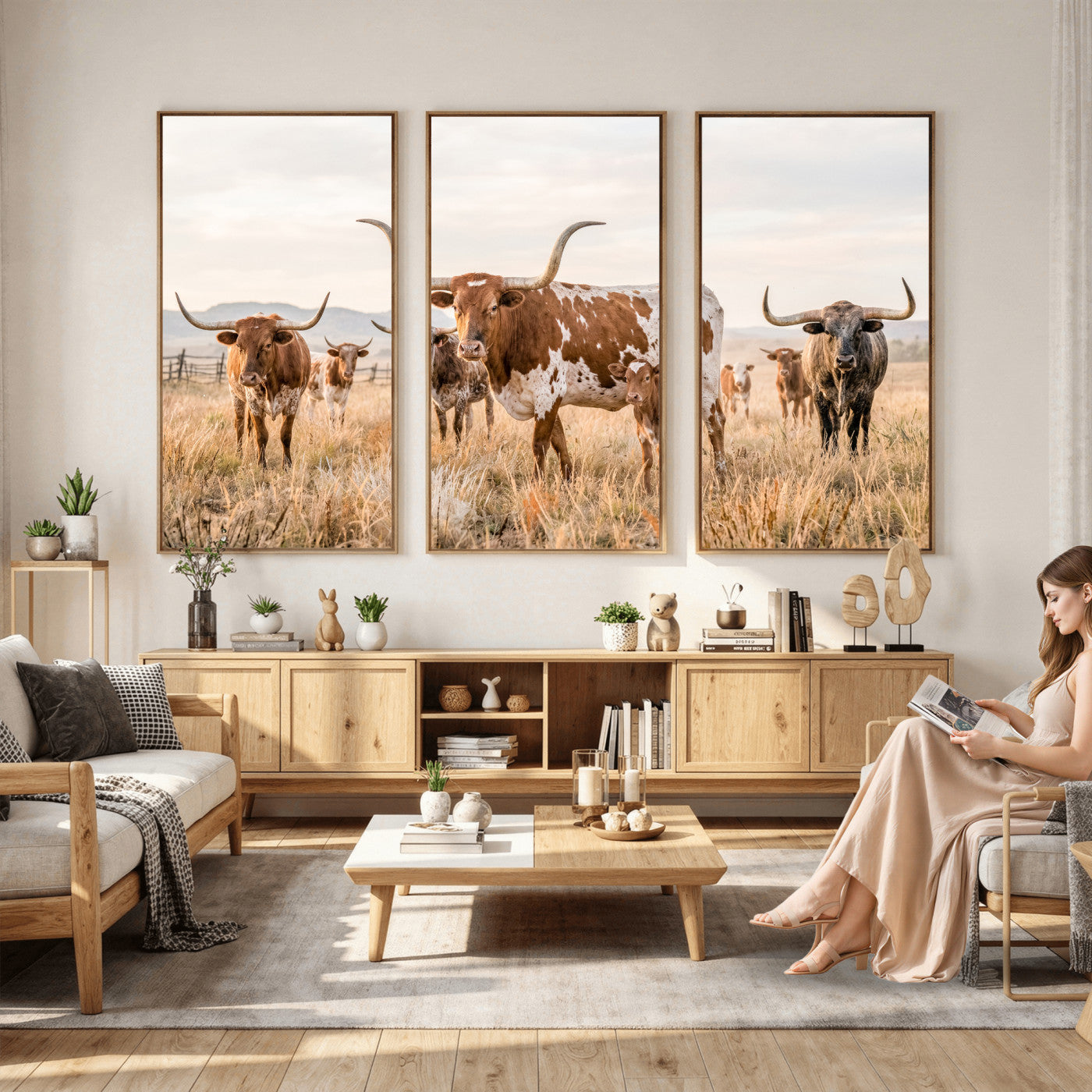 62336425AC-MGV-CV-36X24 - Texas Longhorn Canvas Wall Art, Rustic Farm Animal Photography Print, Farmhouse Country Decor, Western Ranch Art