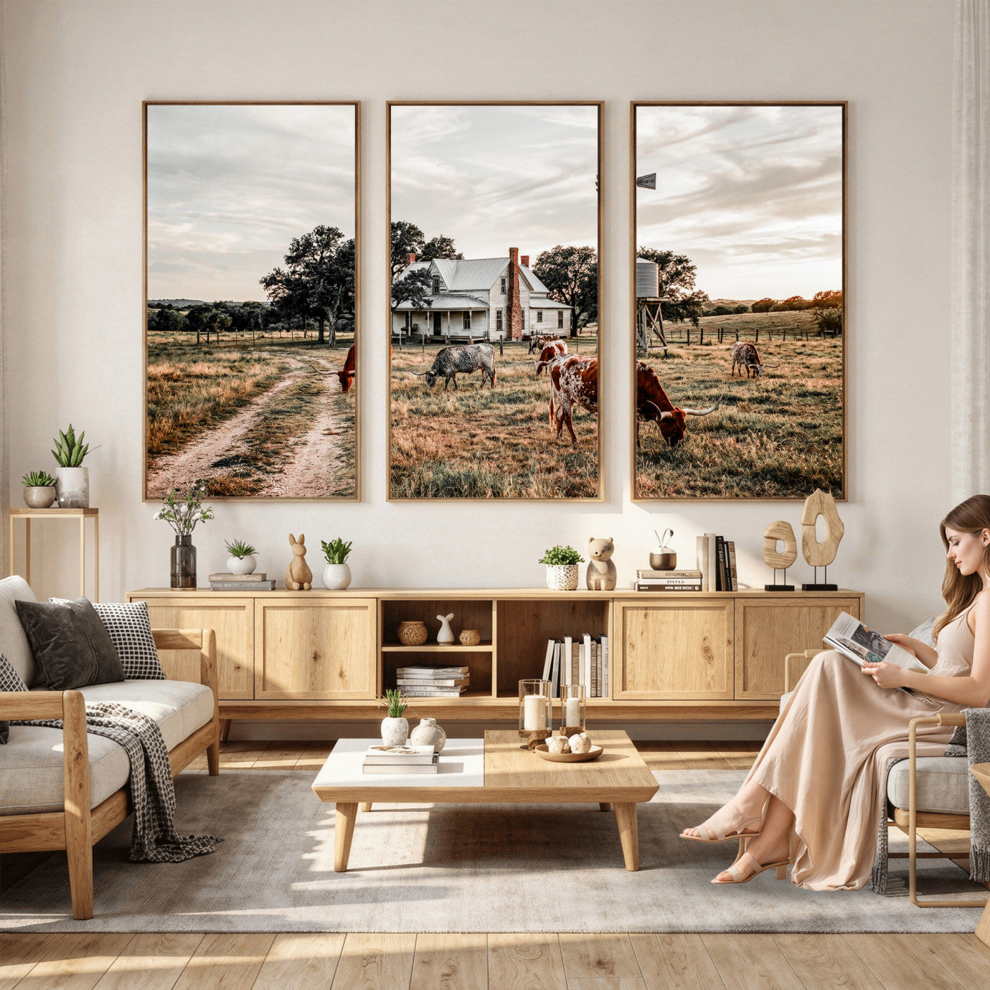 92429425-MGV-CV-36X24 - Texas Longhorn Ranch Wall Art Canvas Print, Rustic Western Farmhouse Decor, Country Landscape Canvas Wall Art, Vintage Cowboy Ranch Picture