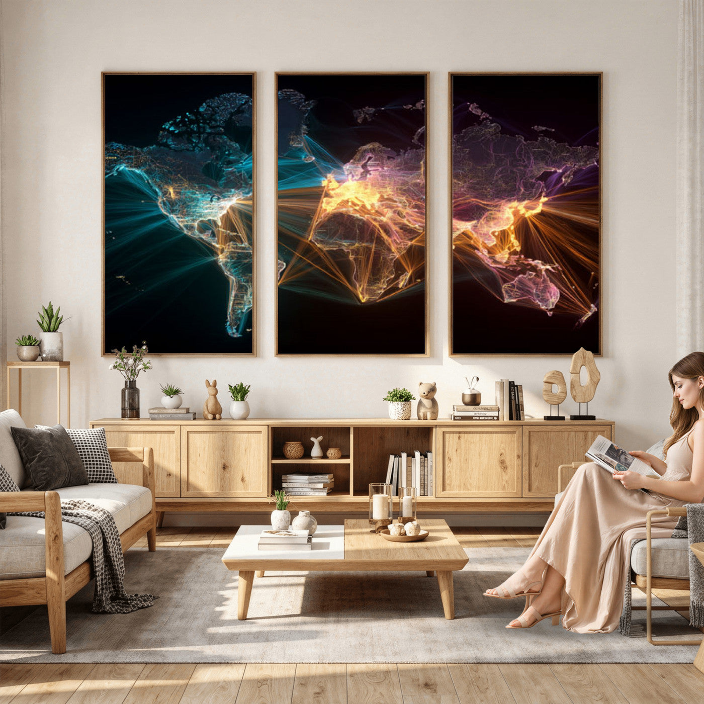 14891737-MGV-CV-36X24 - World Map and Global Flight Routes Map Canvas Wall Art, Worldwide Aviation Network Print, International Air Travel Wall Decor