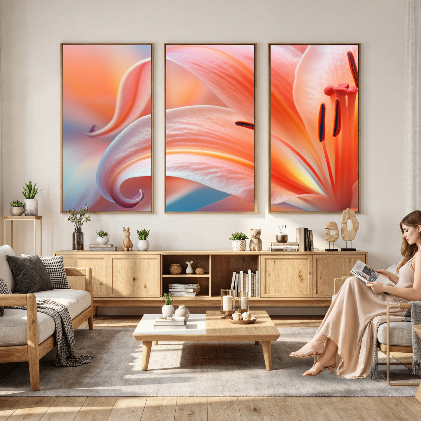 69566231-MGV-CV-36X24 - Peach Lily Canvas Wall Art, Coral Pink Flower Macro Photo Print, Botanical Bedroom Decor, Soft Floral Photography, Living Room Wall Art