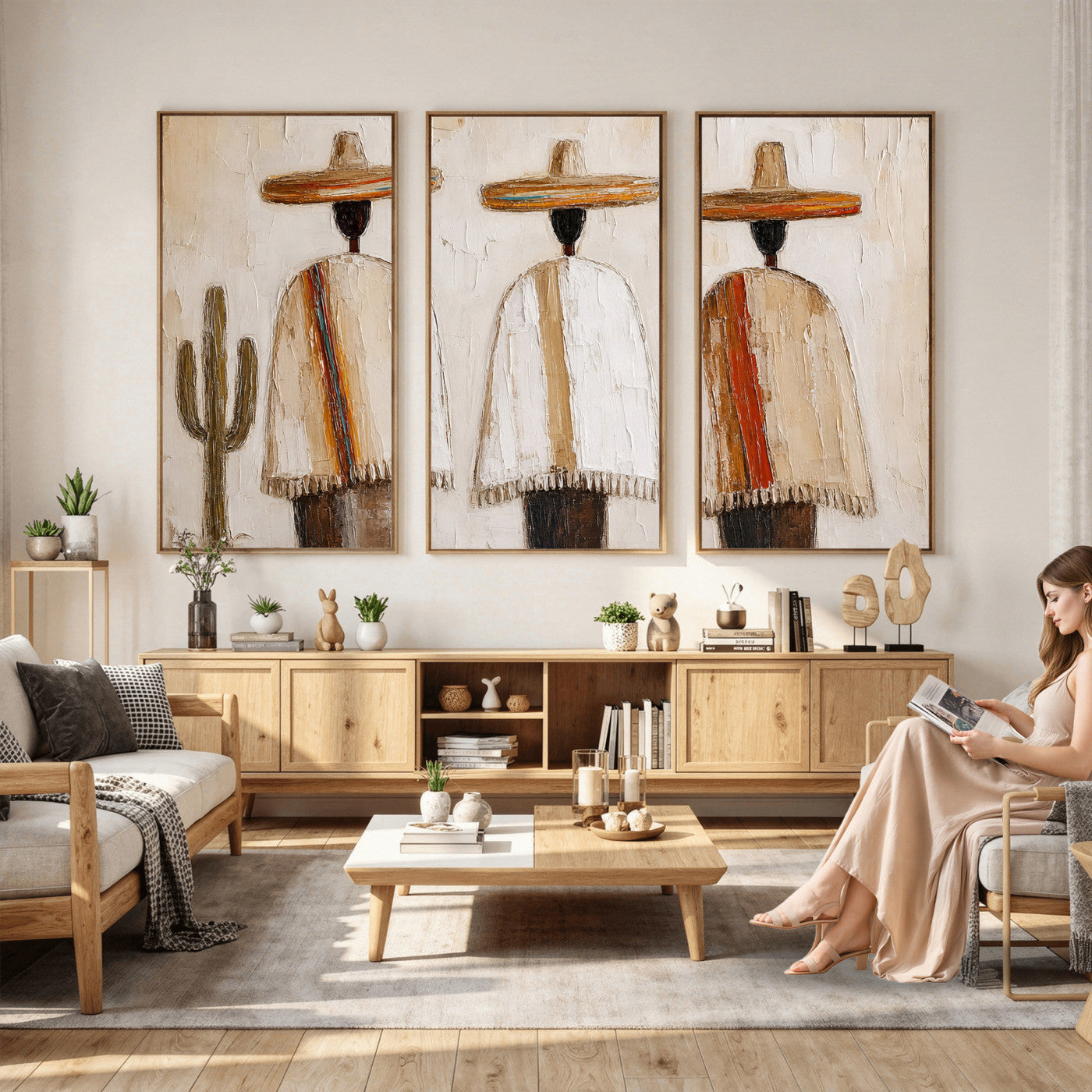 72884785-MGV-CV-36X24 - Mexican Folk Art Canvas Wall Art, Southwestern Sombrero Poncho Painting, Neutral Earthy Boho Decor, Fiesta Living Room Art, Impasto Style Print