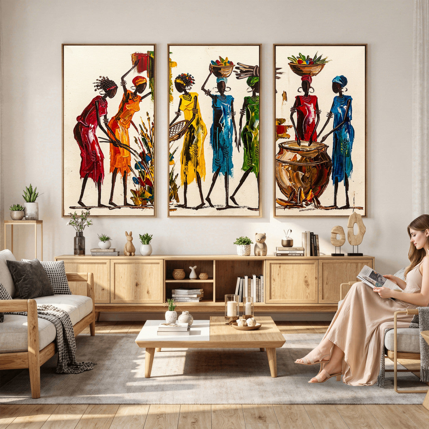 83463154-MGV-CV-36X24 - African Folk Art Canvas Wall Art, Colorful African Women Village Painting Print, Tribal Ethnic Home Decor, Vibrant African Art, Living Room
