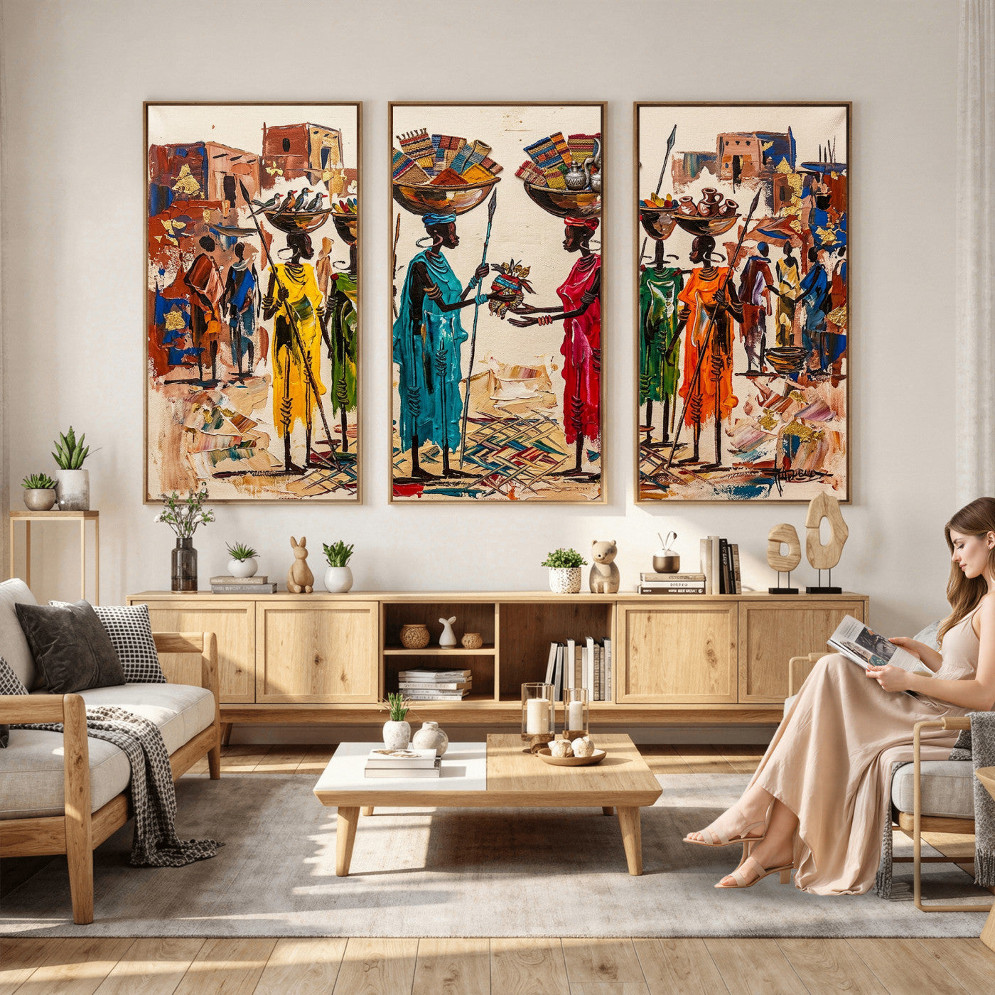 54818657-MGV-CV-36X24 - African Folk Art Canvas Wall Art, Colorful African Women Village Painting Print, Tribal Ethnic Home Decor, Vibrant African Art, Living Room