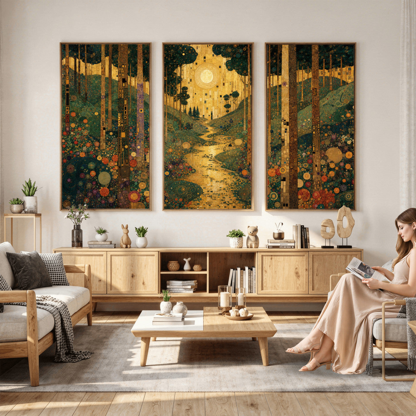 79483321GS-MGV-CV-48X32-3P - Gustav Klimt Style Forest Canvas Wall Art, Golden Forest Path Floral Art Nouveau Print, Enchanted Woodland Decor