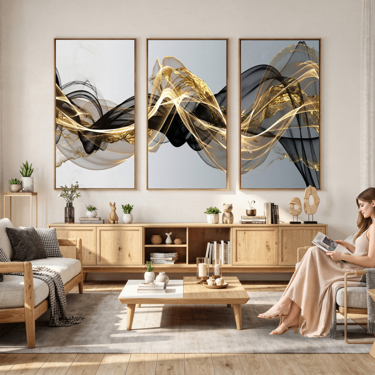 79483321DL-MGV-CV-36X24 - Black and Gold Abstract Wall Art, Modern Wave Canvas Print, Elegant Flowing Smoke Art, Luxury Living Room Decor