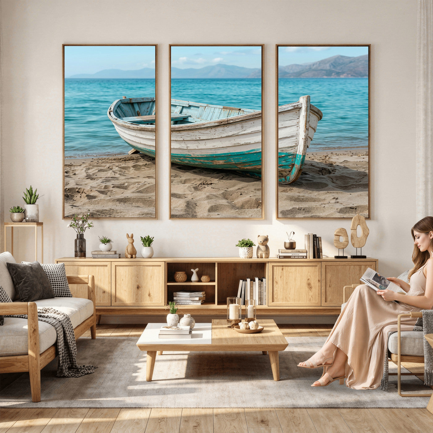 49963709-MGV-CV-36X24 - Coastal Boat Canvas Wall Art Print, Beach Boat Painting, Nautical Ocean Decor, Seascape Wall Art, Ready to Hang