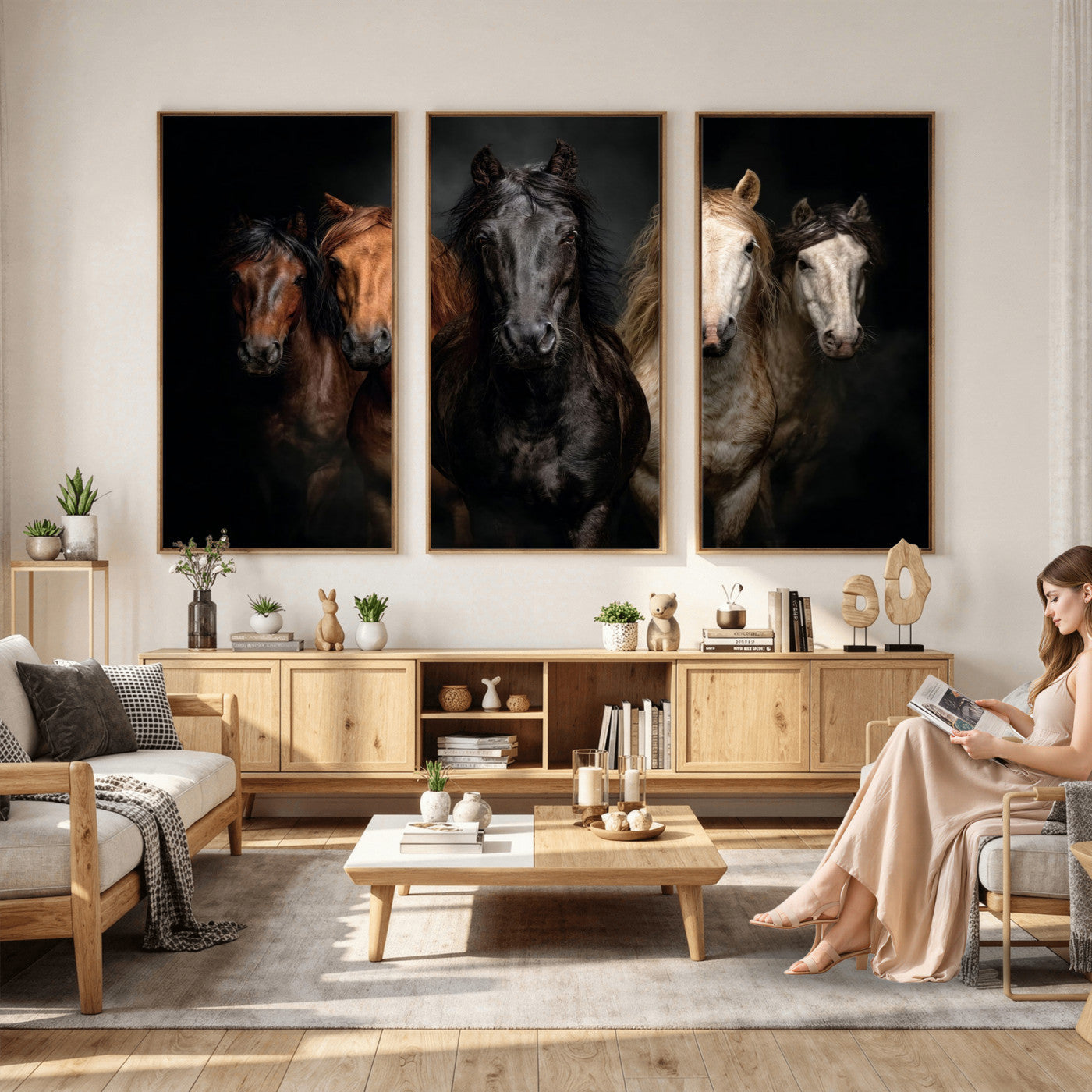 77696206-MGV-CV-36X24 - Horse Wall Art Canvas Print, Wild Horses Portrait Photography, Animal Horse Decor, Black Brown White Horse Herd, Rustic Ranch Art