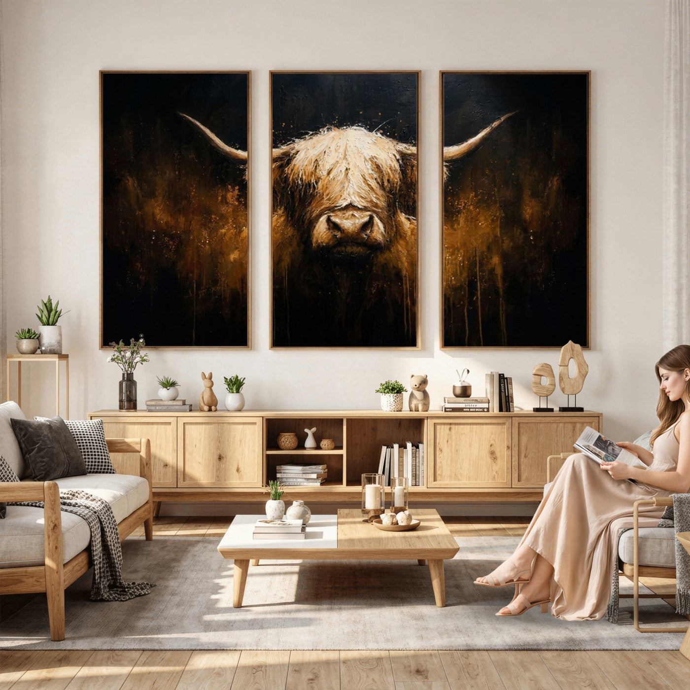 79873059-MGV-CV-36X24 - Rustic Highland Cow Canvas Print Dark Farmhouse Cattle Wall Decor