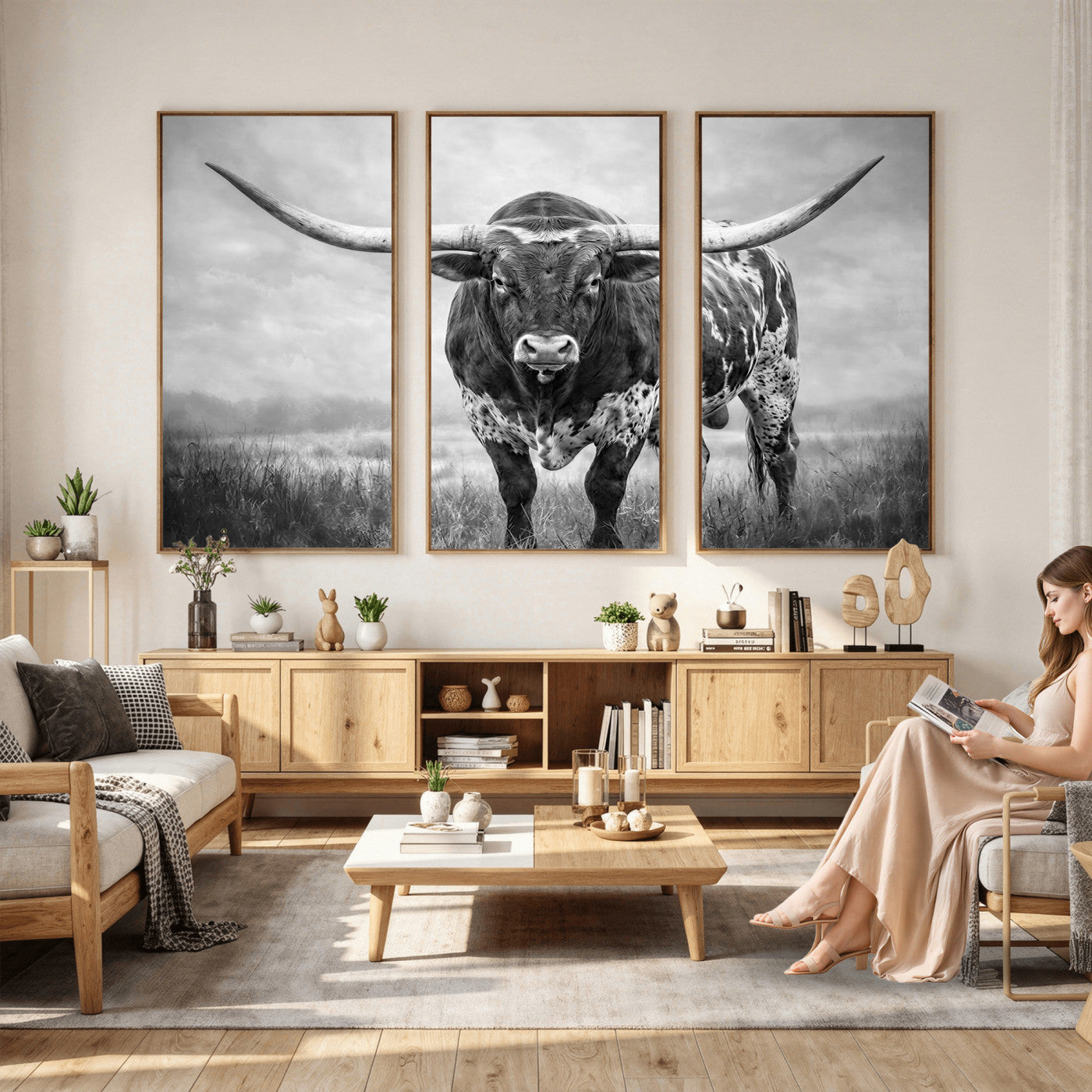 11121585-MGV-CV-36X24 - Texas Bull Wall Art Canvas Print for Farmhouse Restaurant Wall Decor