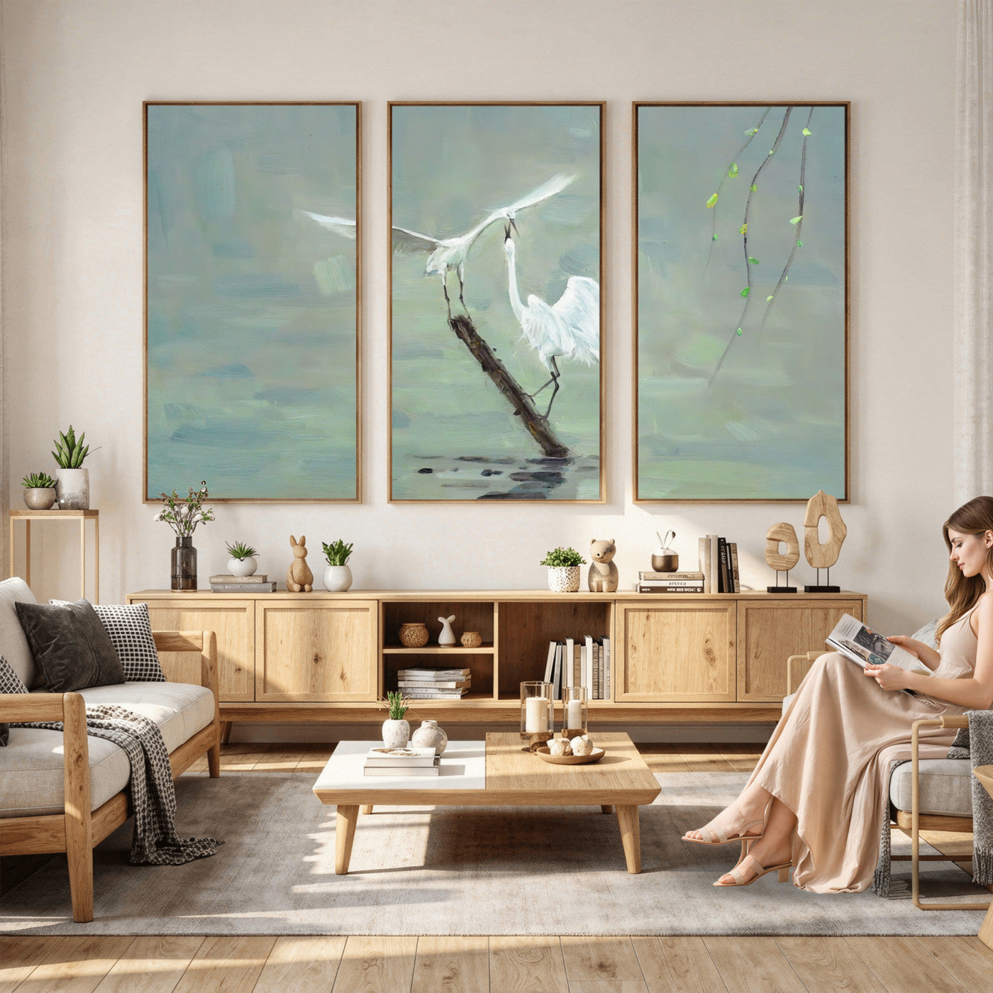 91124838-MGV-CV-36X24 - Two White Egrets on Marsh Branch Wall Art Canvas Print - Vintage Style Coastal Bird Poster