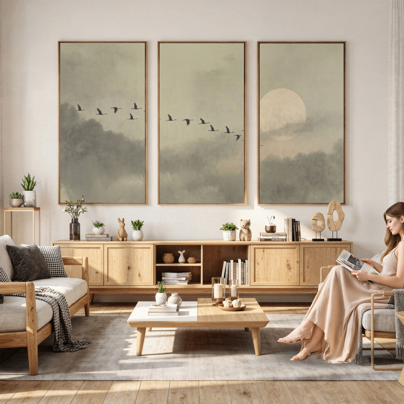 12098149-MGV-CV-36X24 - Flock of Birds Flying to Full Moon Wall Art Canvas Print - Vintage Surreal Clouds Painting