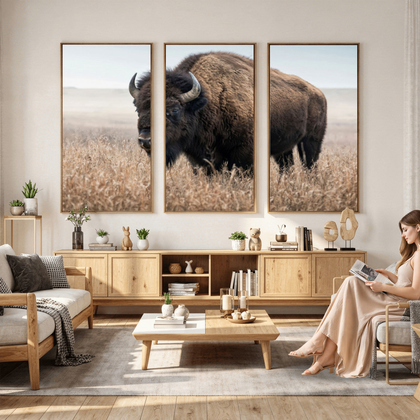 81029583-MGV-CV-36X24 - American Bison in Prairie Field Wall Art Canvas Print - Rustic Wildlife Photography