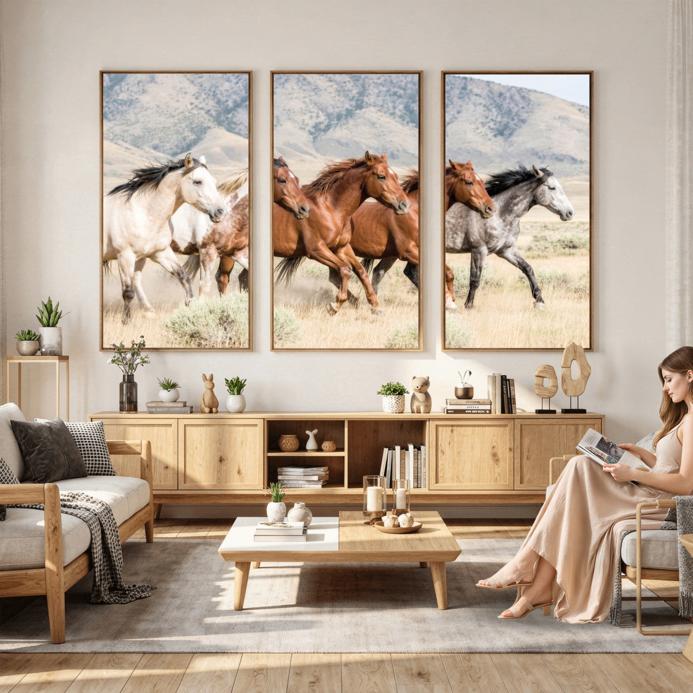 68345893-MGV-CV-36X24 - Five Mustangs Running Wild in Mountain Valley Wall Art Canvas Print - Rustic Western Decor